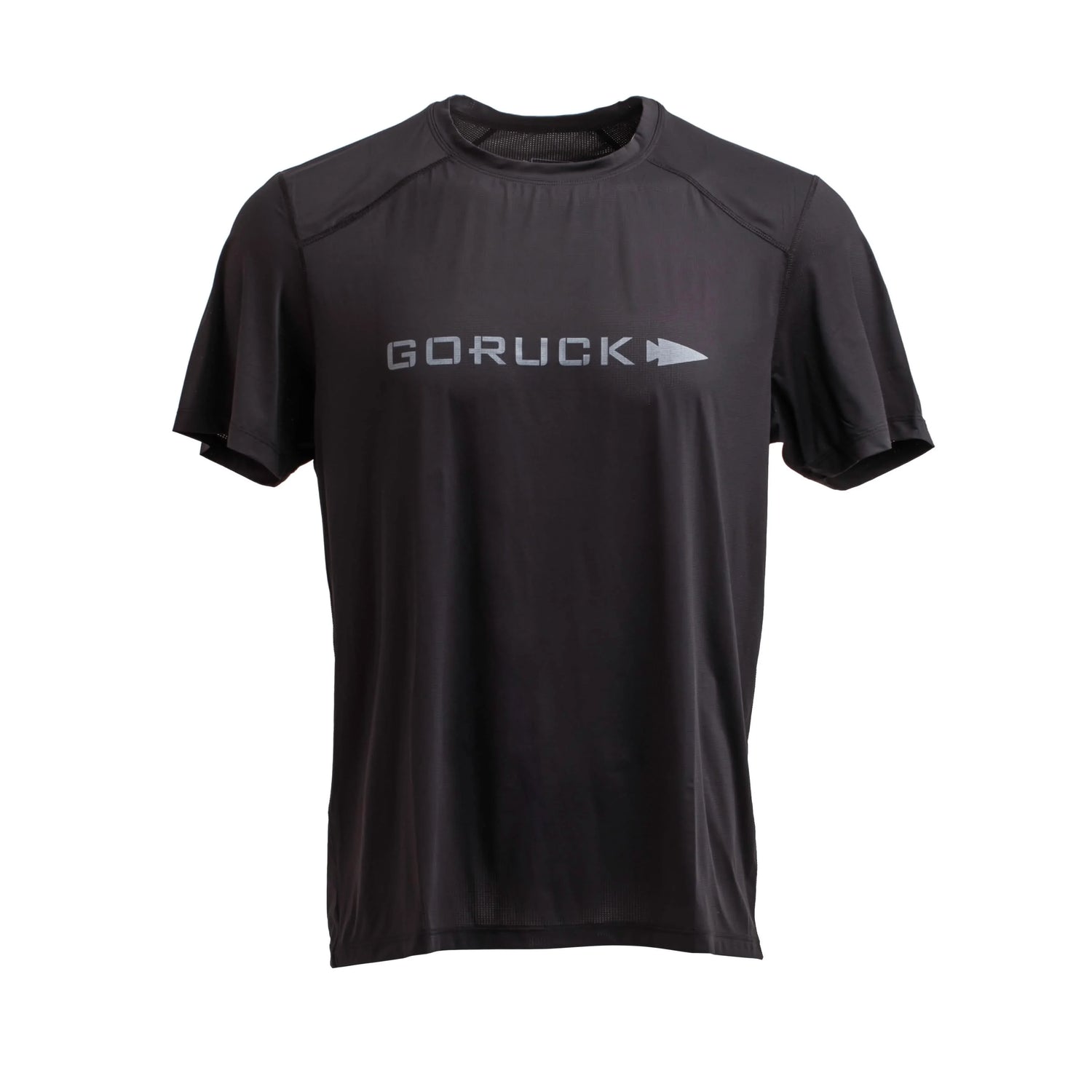 Black GORUCK men's performance tee with short sleeves and logo on front