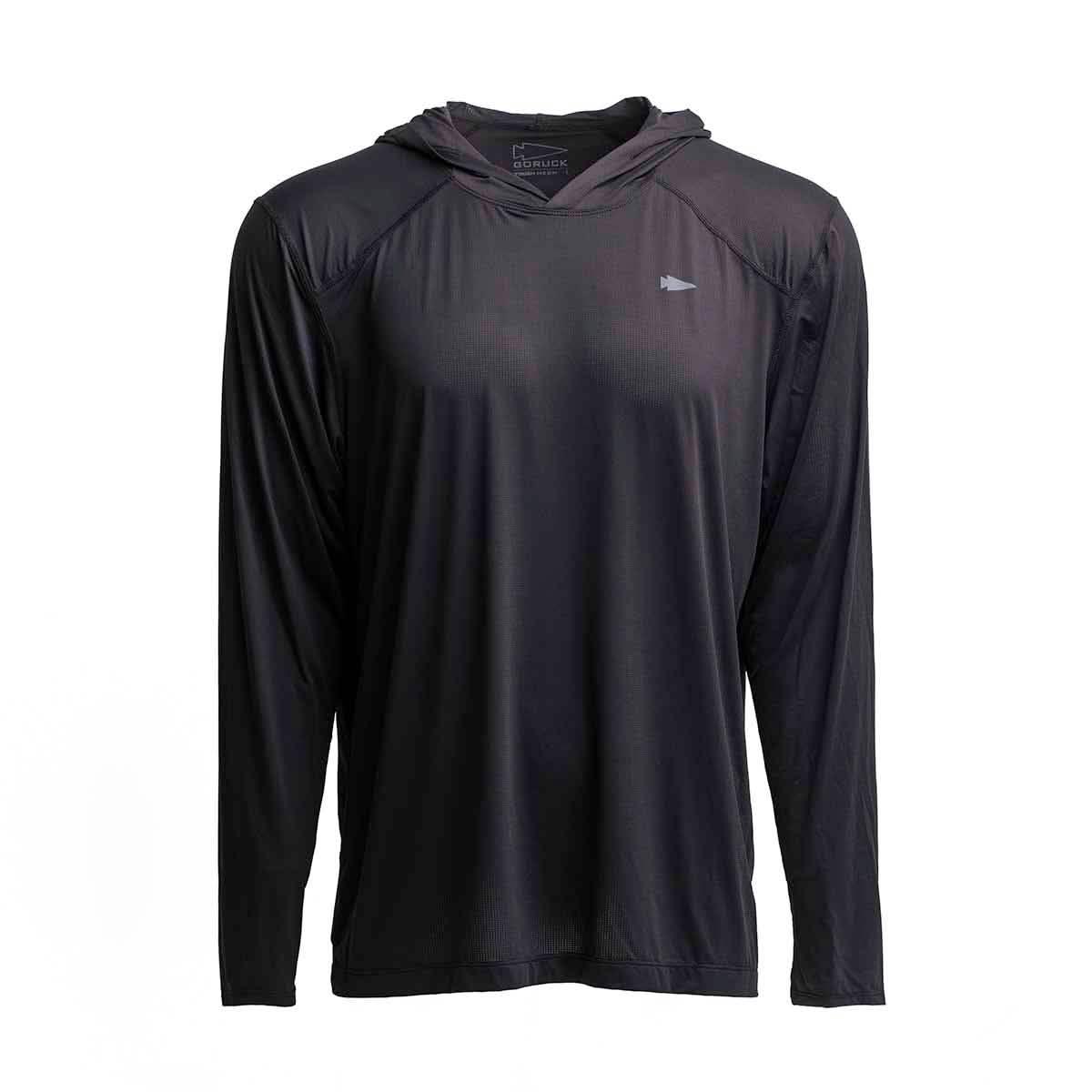 Black men's performance pullover hoodie with long sleeves and hood by GORUCK