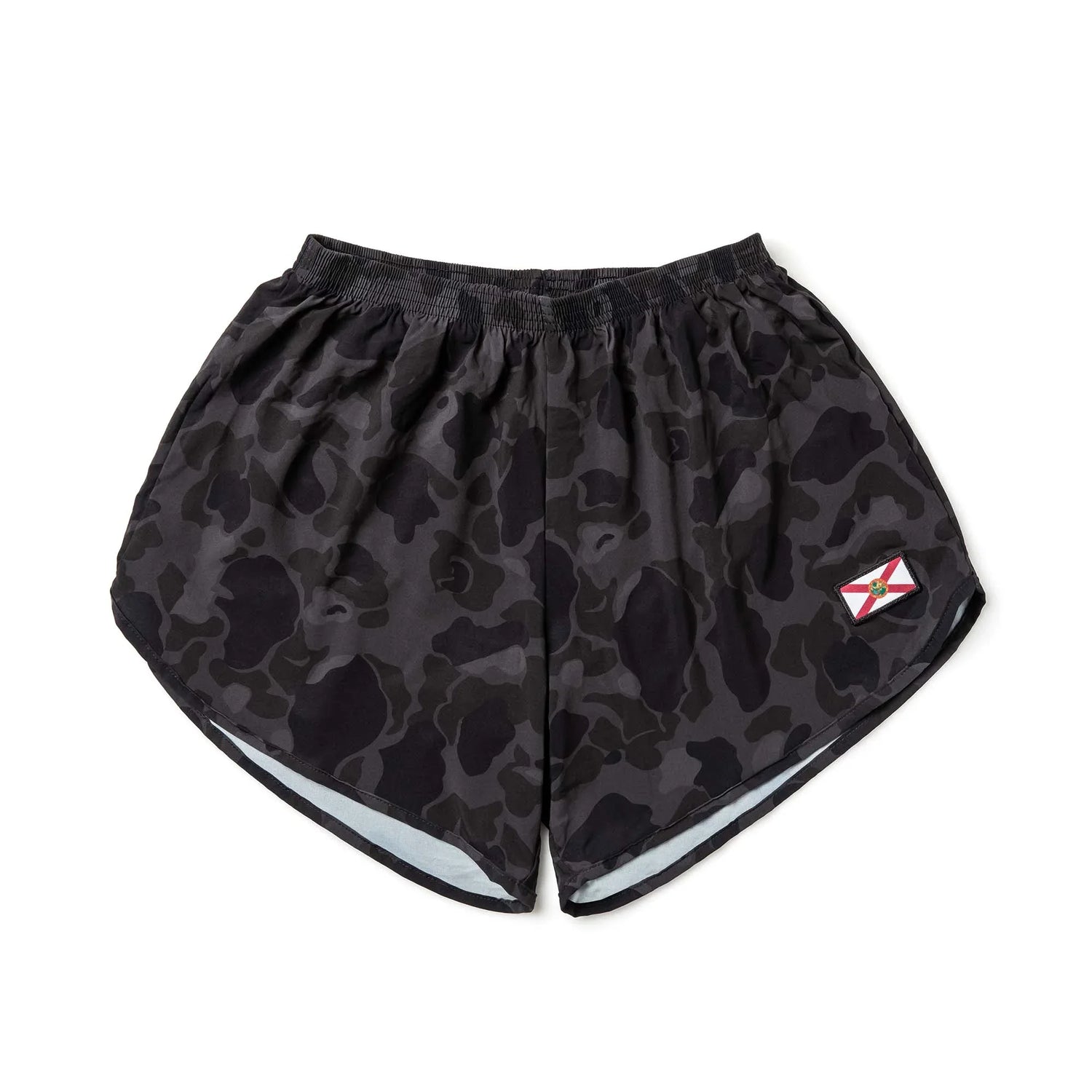 Black frogskin camo men's running shorts with elastic waistband and Florida flag patch