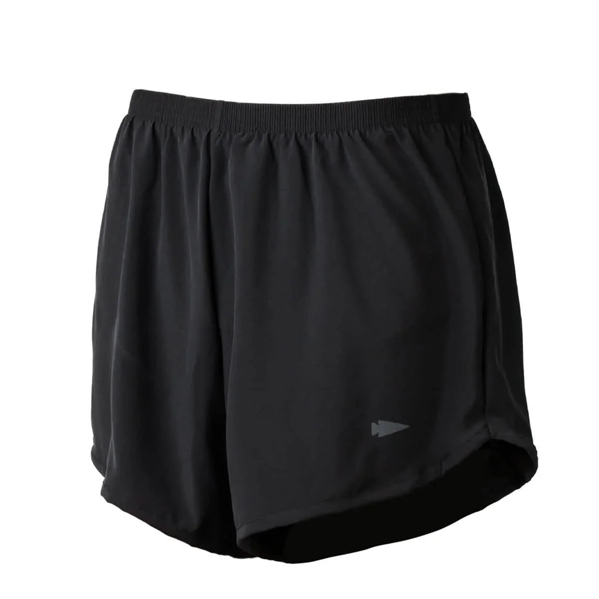 Black men's lightweight athletic shorts with elastic waistband and small arrow logo on left leg