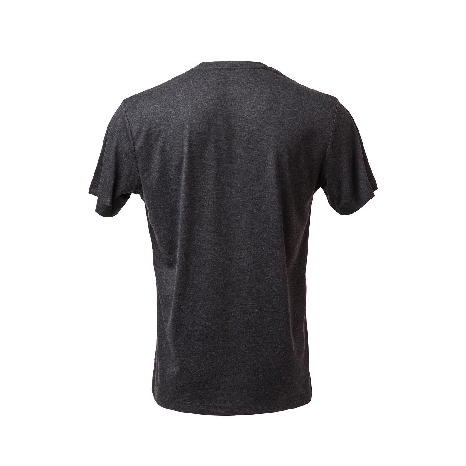 Back view of a plain, short-sleeve, dark gray Men's Slick Short Sleeve - Tri-Blend t-shirt on a white background.
