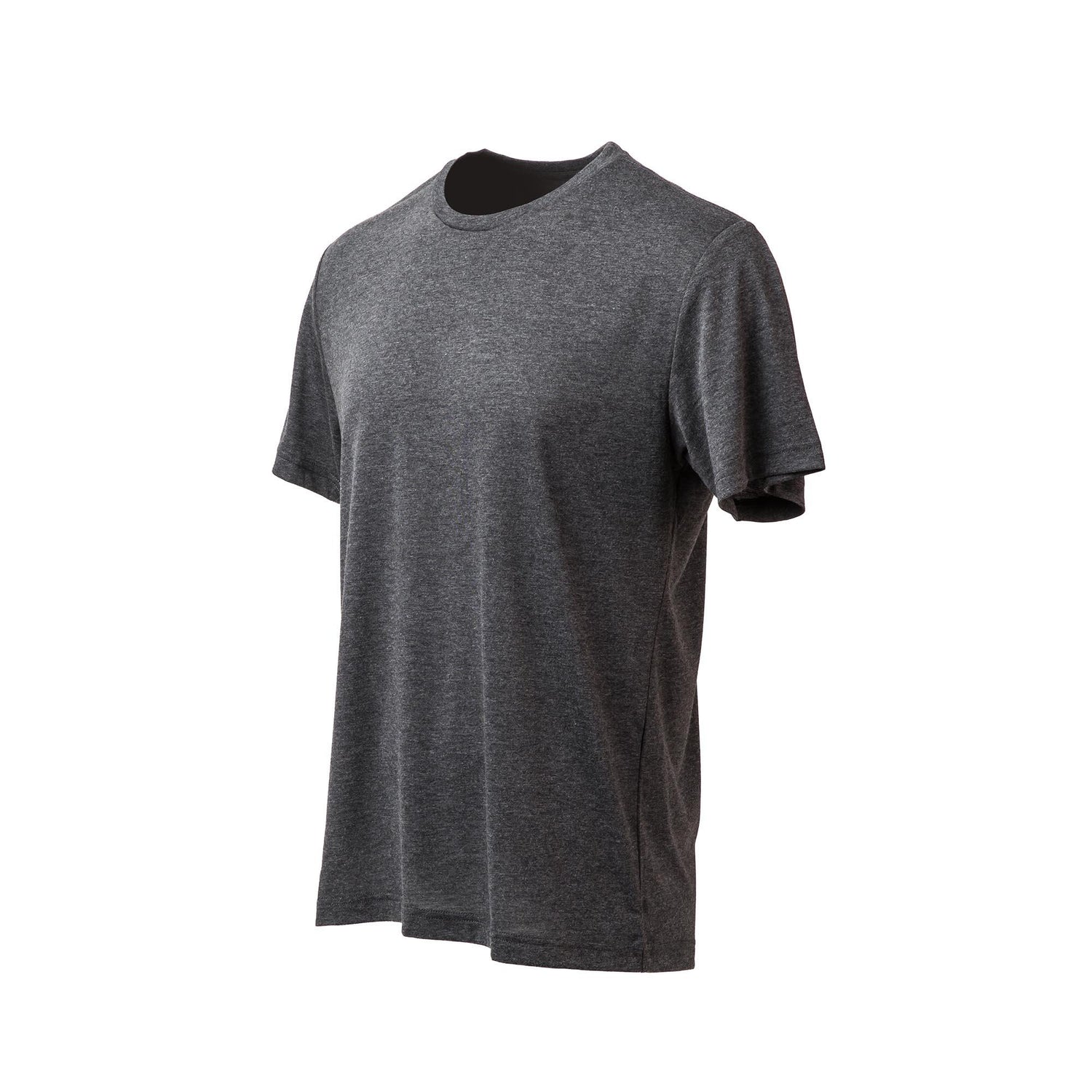Charcoal gray men's short sleeve triblend T-shirt displayed on white background