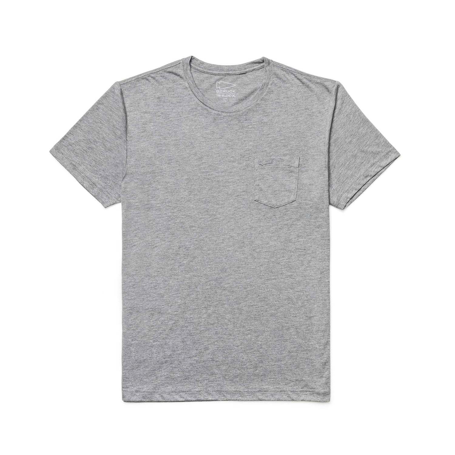 Men's Short Sleeve Pocket Tee - Tri-Blend in premium light gray, made from soft Tri-BlendX fabric with a small chest pocket, shown laid flat on a white background.