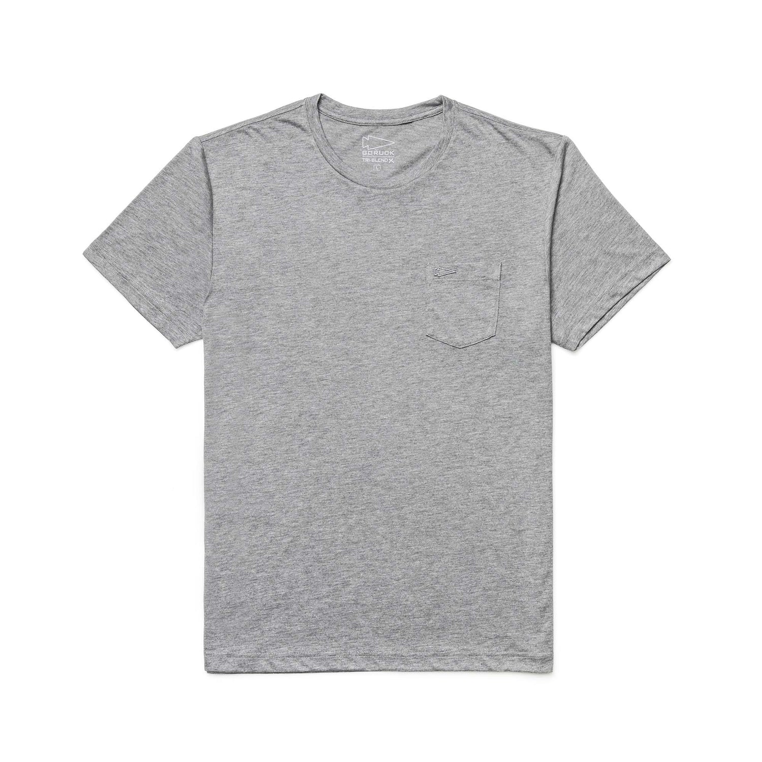 GORUCK men's heather grey short sleeve tri-blend t-shirt with left chest pocket and spearhead embroidery