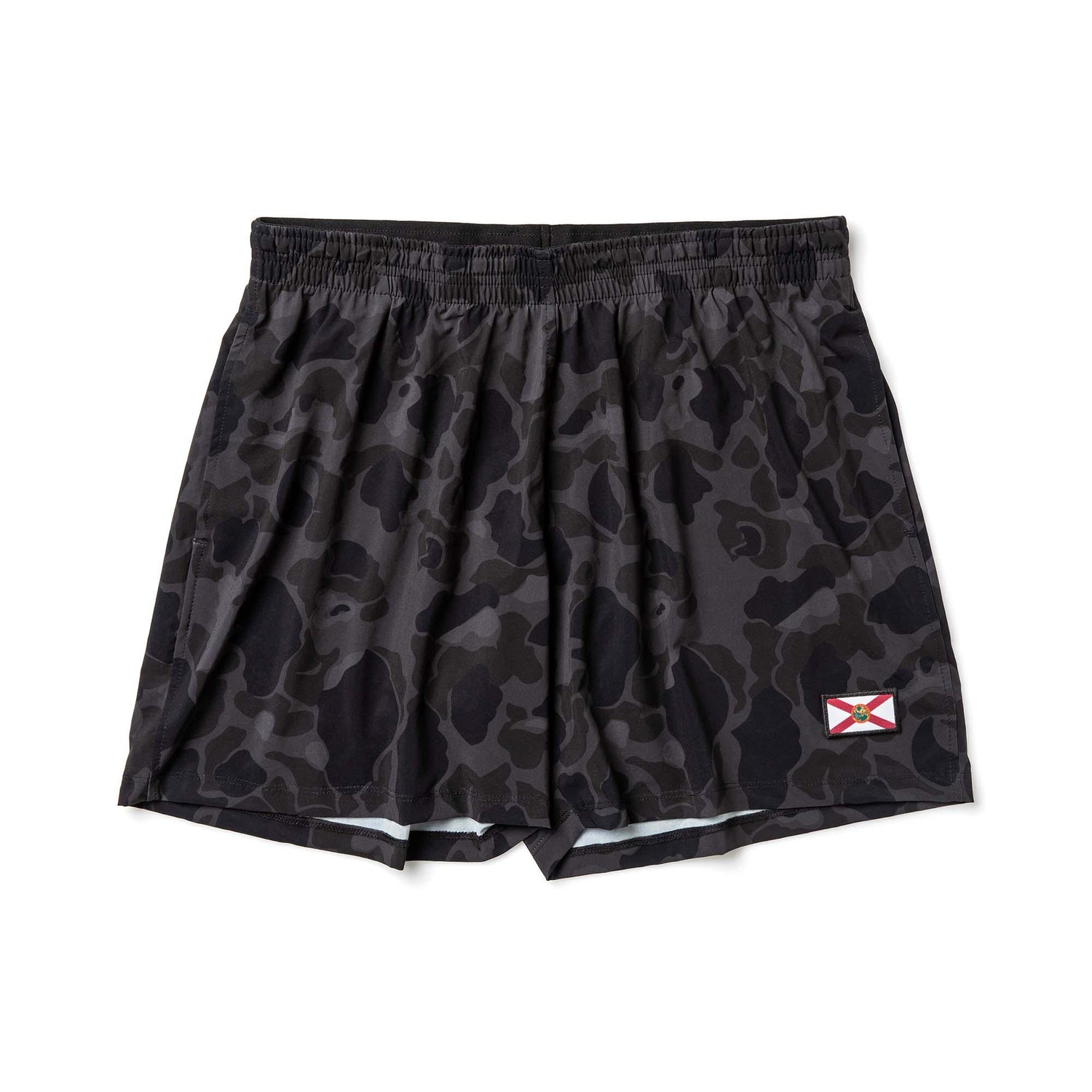 Black frogskin camouflage men's training shorts with Florida state flag patch and elastic waistband