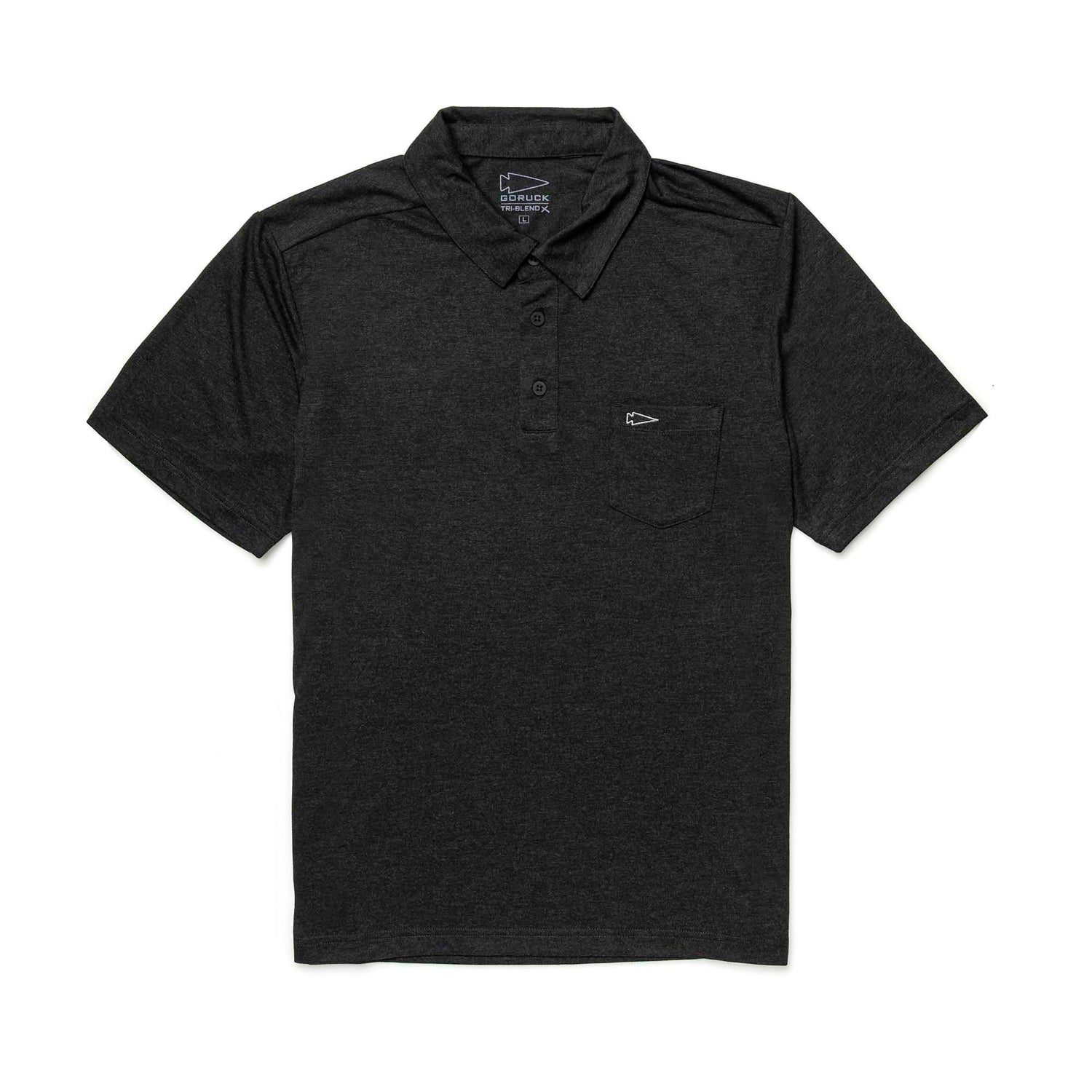 Black men's GORUCK tri-blend polo shirt with pocket and spearhead outline embroidery, size large