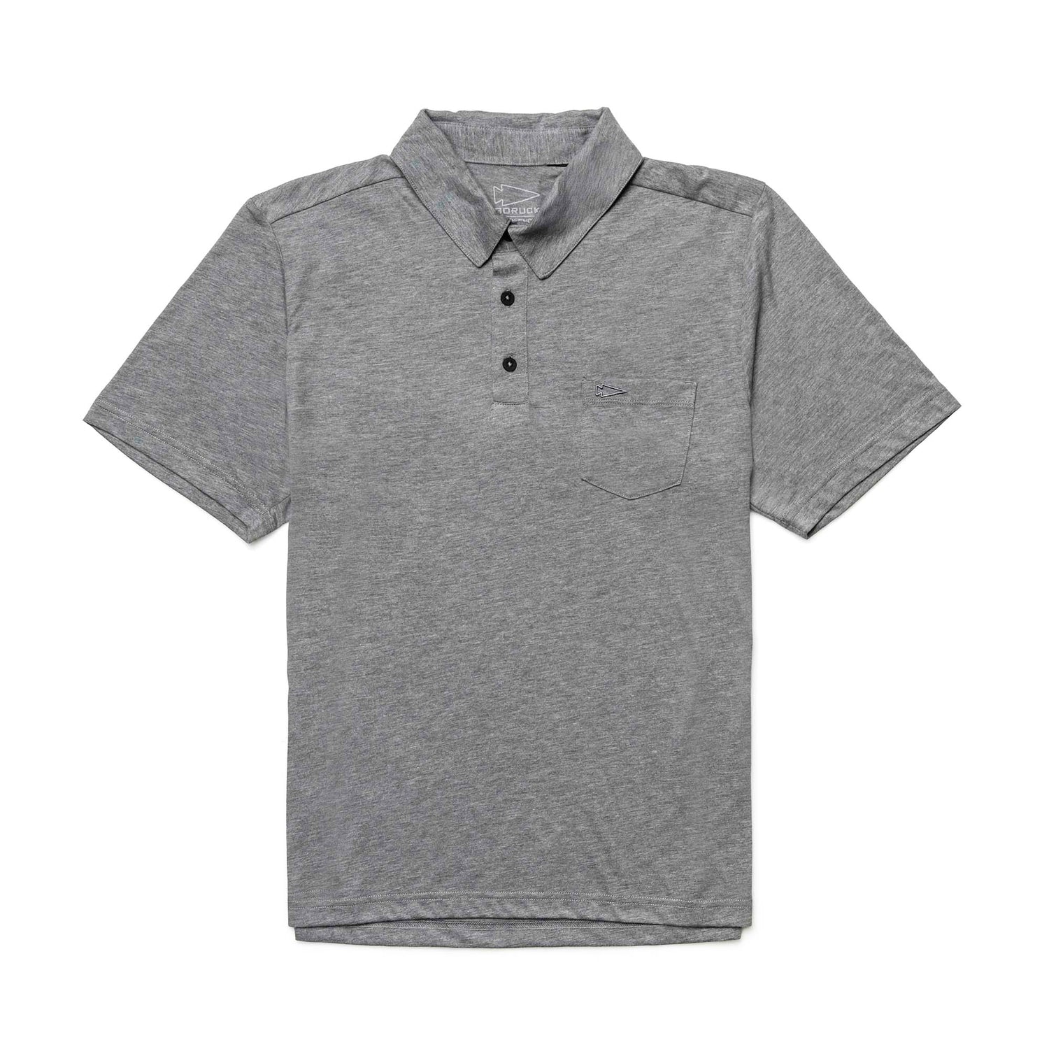 Men's Polo with Pocket - Tri-Blend: a gray, short-sleeve polo with a collar, three-button placket, and chest pocket, shown laid flat on a white background.