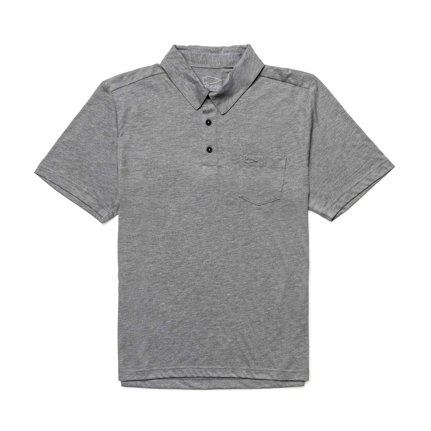 GORUCK men's heather grey triblend polo shirt with short sleeves, button placket, chest pocket, and spearhead embroidery