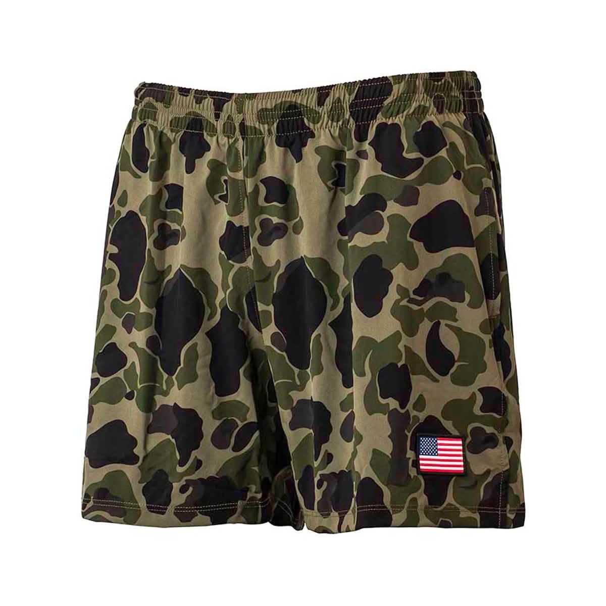 Men's GORUCK Tough Stretch running shorts in ranger camo with American flag patch, elastic waistband