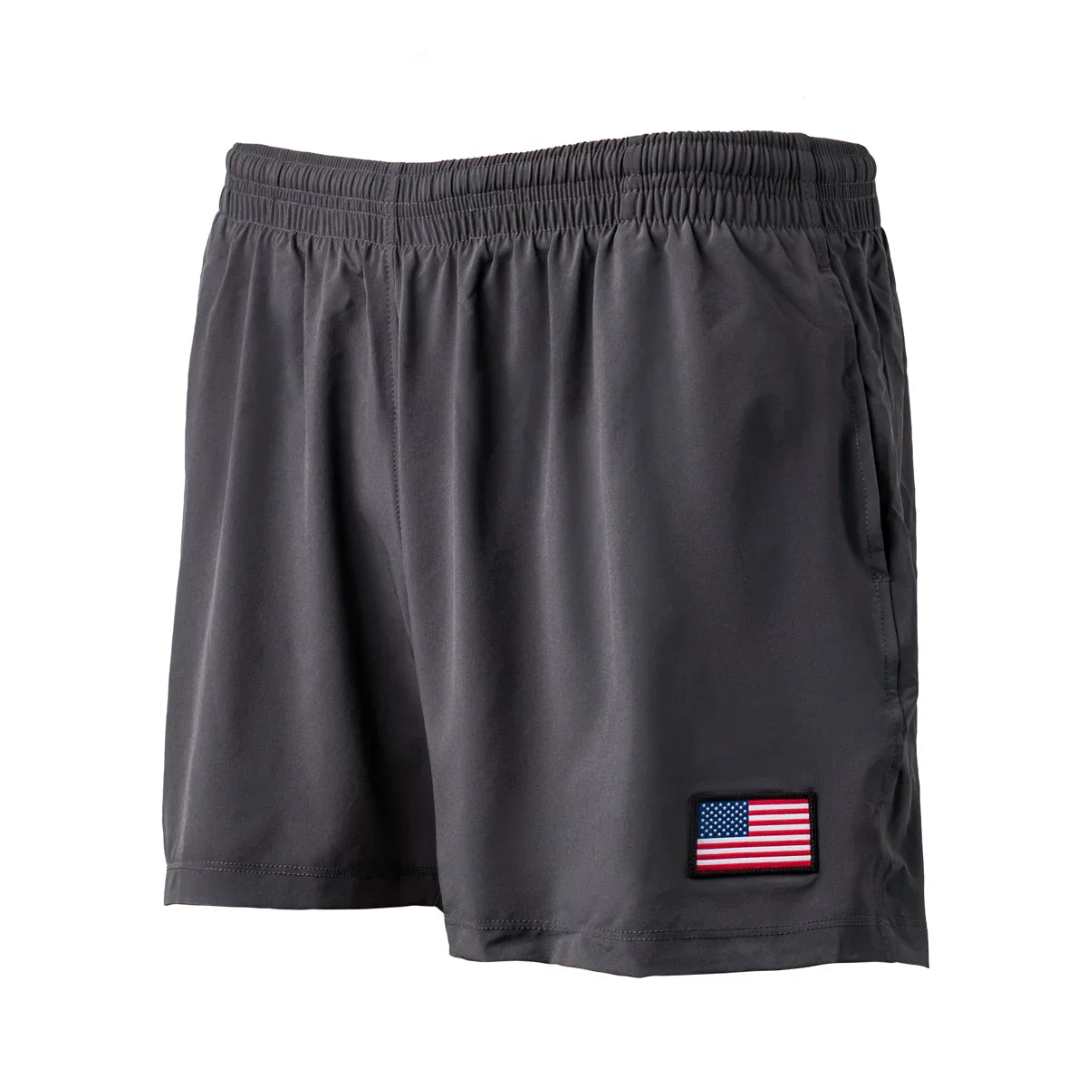Men's charcoal USAT training shorts with elastic waistband and American flag patch