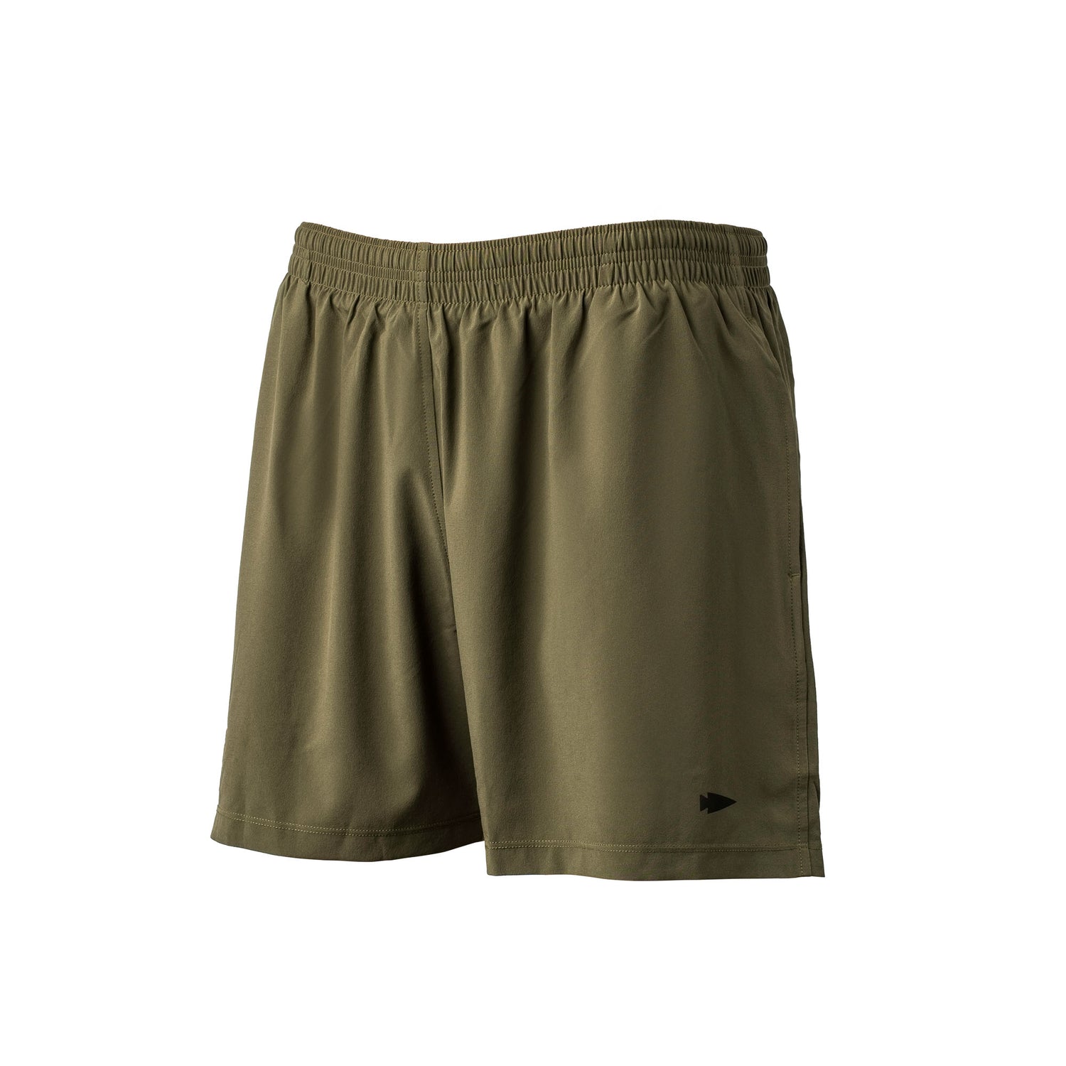 Men’s Training Shorts - ToughStretch in olive green, designed with an elastic waistband, made from durable ToughStretch fabric, and accented by a small black logo on the left leg.