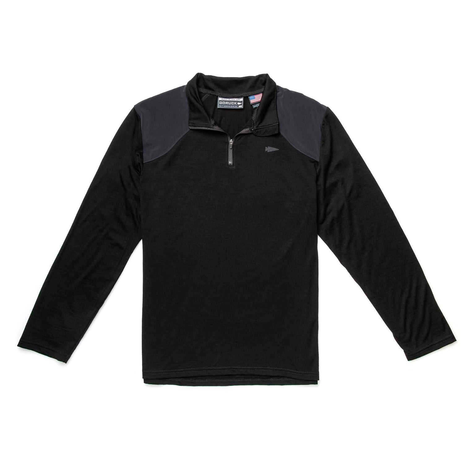 Men's Commando Quarter Zip - Merino Wool shown laid flat on a white background, featuring long sleeves, black body, dark gray shoulder panels, and made from quick-drying Merino wool.