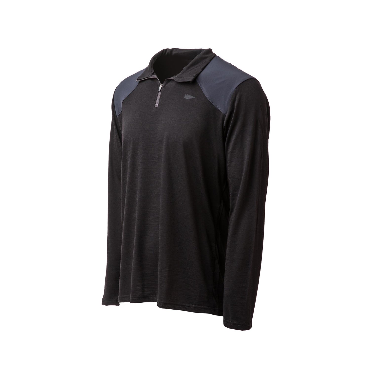 Men's Commando Quarter Zip - Merino Wool: black long-sleeve athletic shirt with dark gray shoulder panels and quarter-zip, made from antimicrobial, moisture-wicking fabric. Displayed on a white background.
