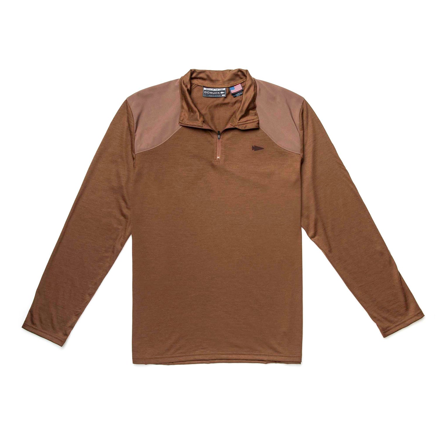 Men's Commando Quarter Zip - Merino Wool: brown long-sleeve pullover with a quarter-zip, darker brown shoulder panels, and quick-drying merino wool fabric, shown laid flat on a white background.