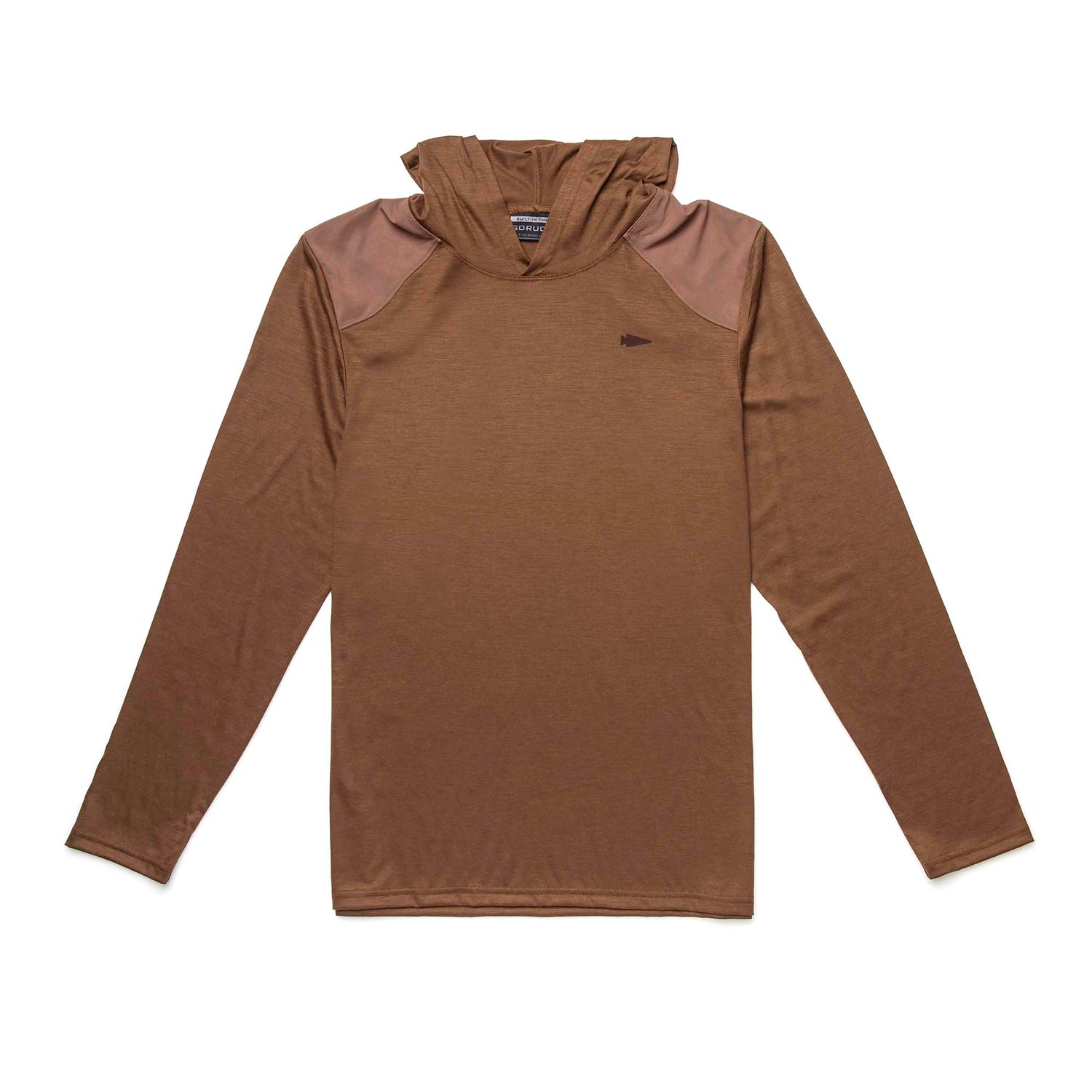 Men’s Commando Pullover - Merino Wool: Brown long-sleeve hooded shirt with reinforced darker brown shoulders, shown on a white background.