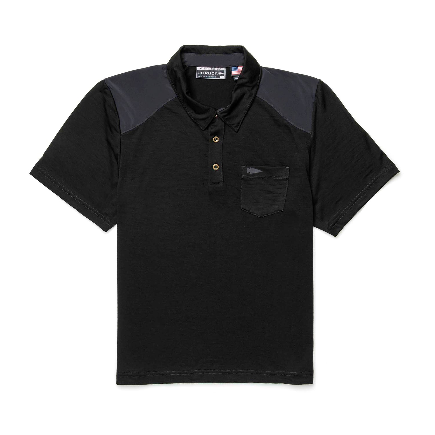 Men's Commando Polo - Merino Wool: Black short-sleeve polo with button-up collar, chest pocket, and dark shoulder panels. Moisture-wicking and antimicrobial for all-day comfort and freshness.