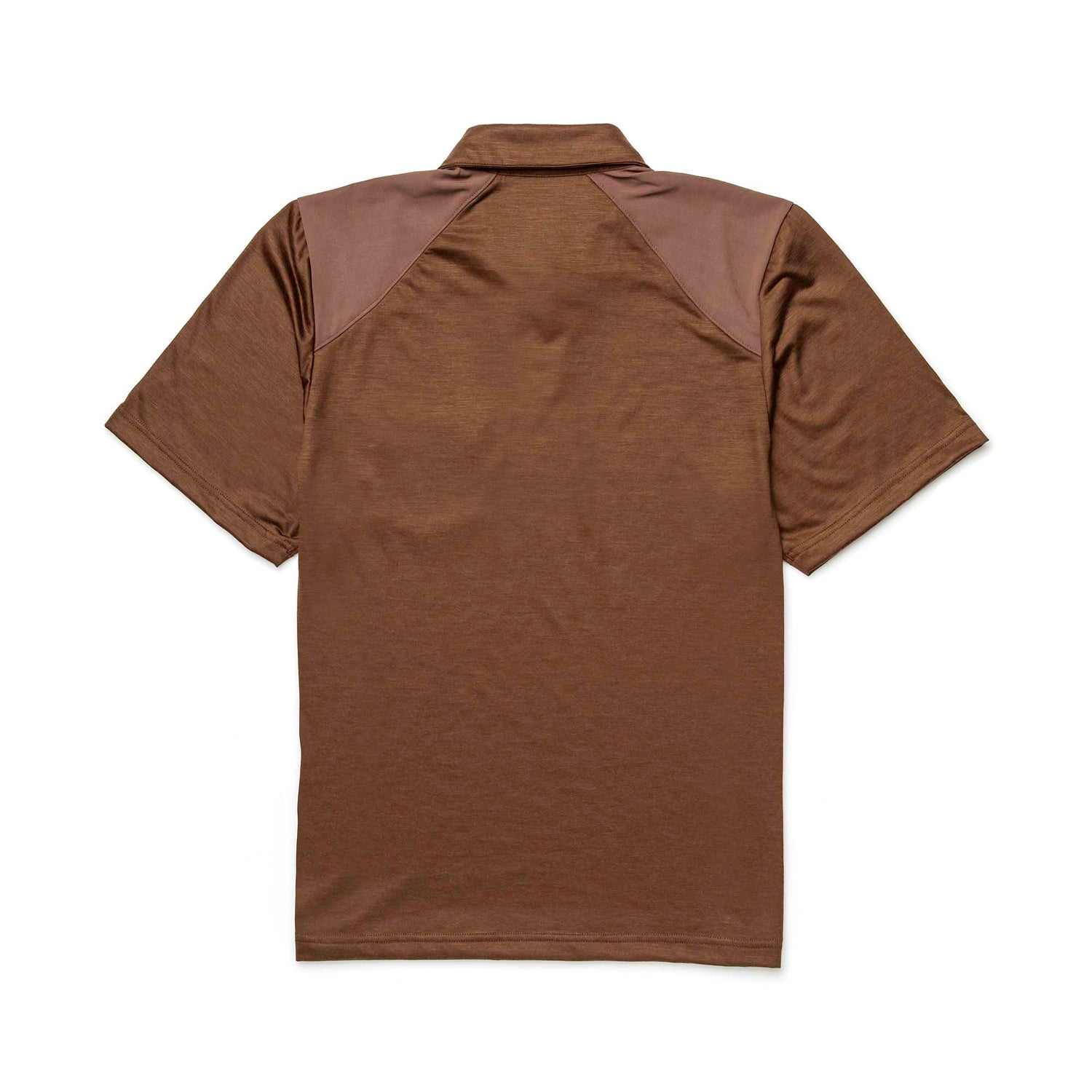 The Men's Commando Polo - Merino Wool features short sleeves, a brown color with dark brown shoulder panels, and is moisture-wicking for comfort and style. Shown from the back.