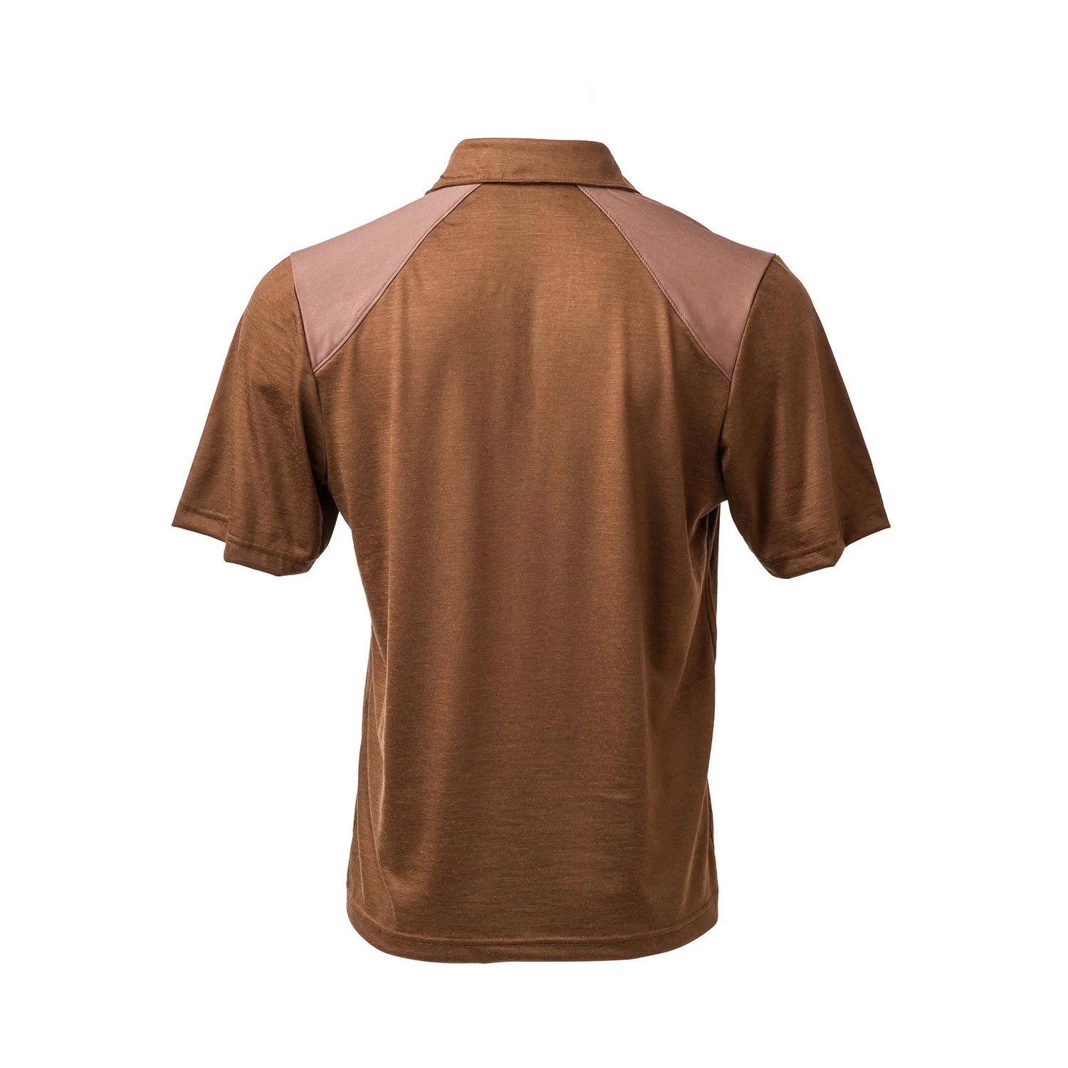 GORUCK brown merino polo shirt with reinforced shoulder panels, back view