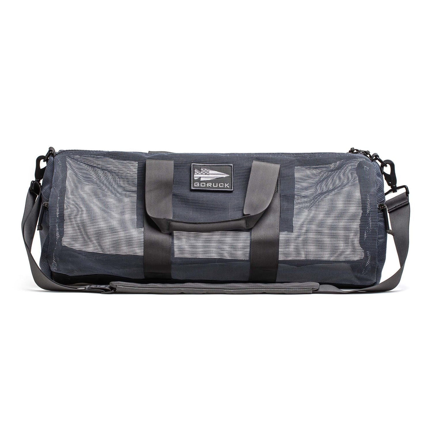 A black Mesh Gym Bag by GORUCK featuring handles and a shoulder strap, displayed on a white background.