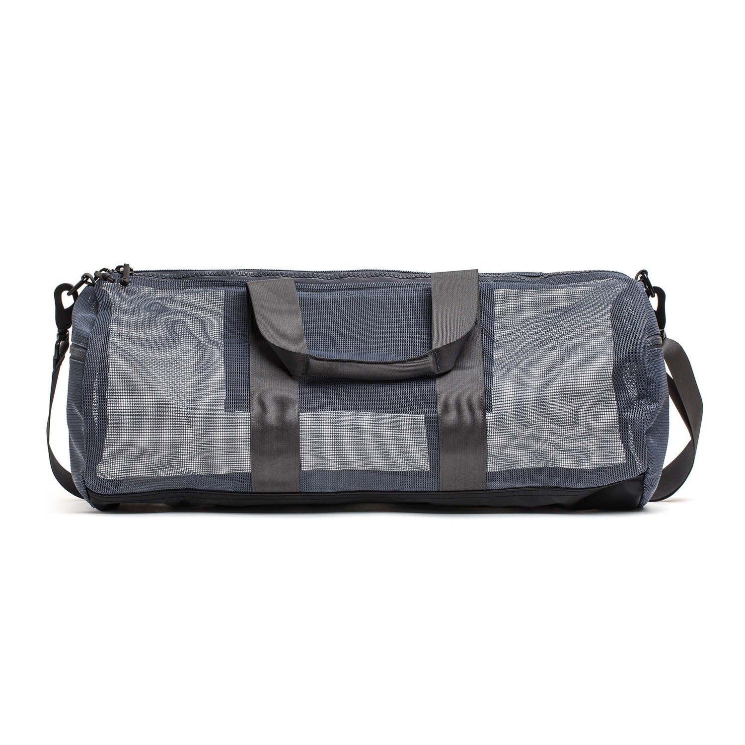 The Mesh Gym Bag is gray with mesh panels, features two handles, and includes an adjustable shoulder strap.