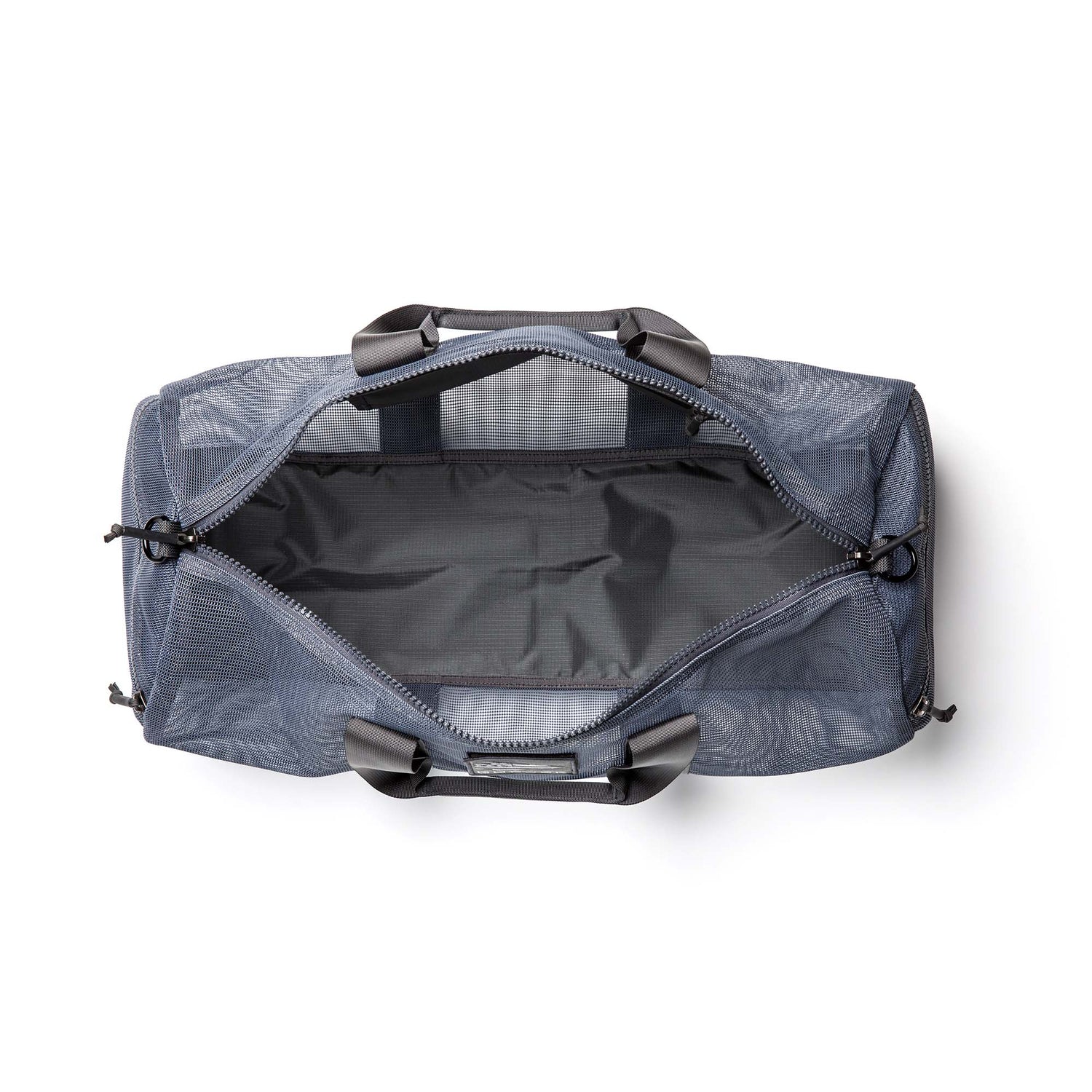 Top view of an open Mesh Gym Bag, gray with black handles and zipper, empty and placed on a white background.
