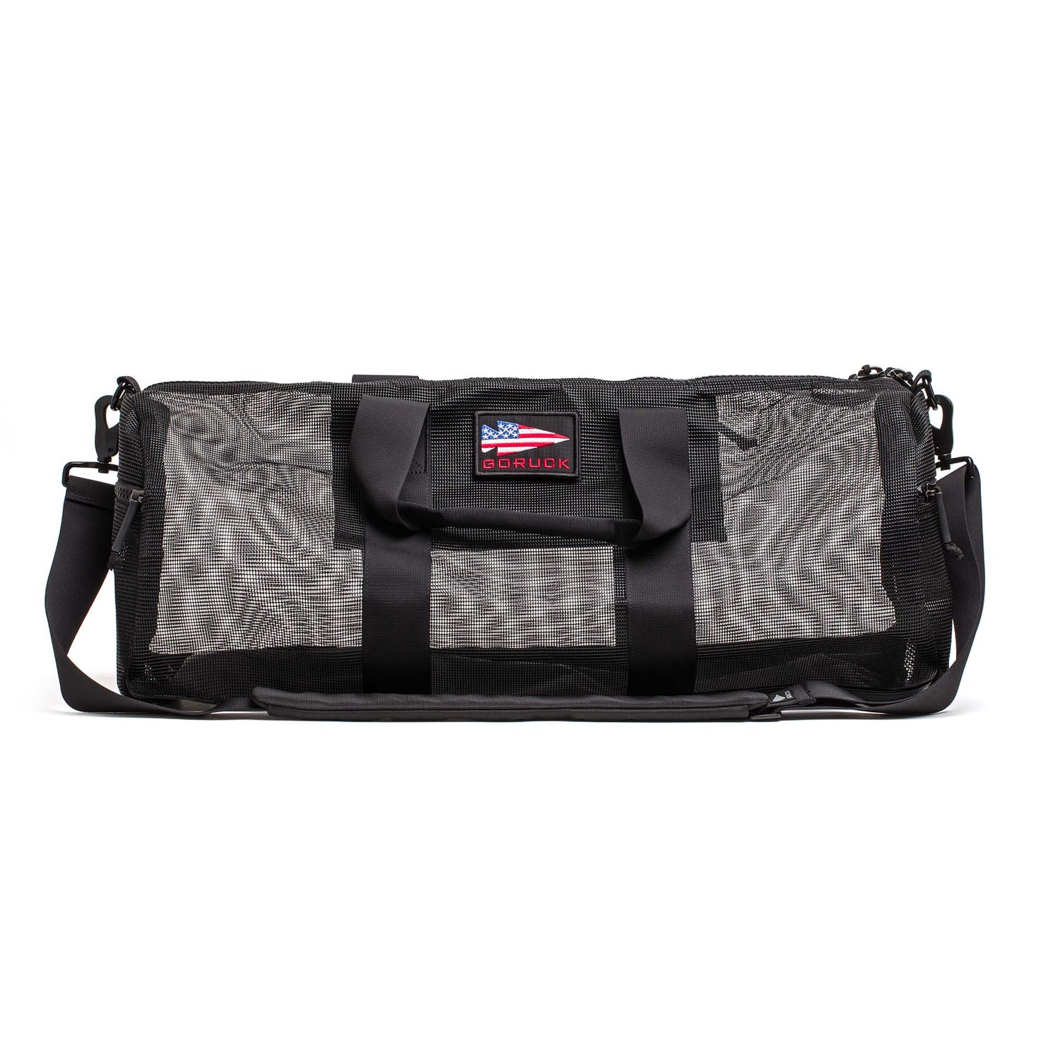 The Mesh Gym Bag is a classic black performance bag with handles, a shoulder strap, and an American flag patch.