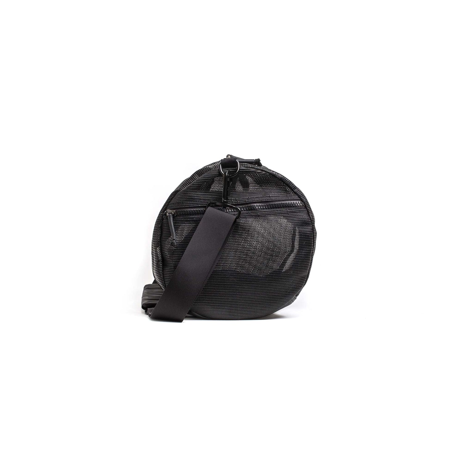 The Mesh Gym Bag is a round black crossbody with a wide shoulder strap and front zipper pocket, designed for versatility as a classic gym bag. Shown isolated on a white background.
