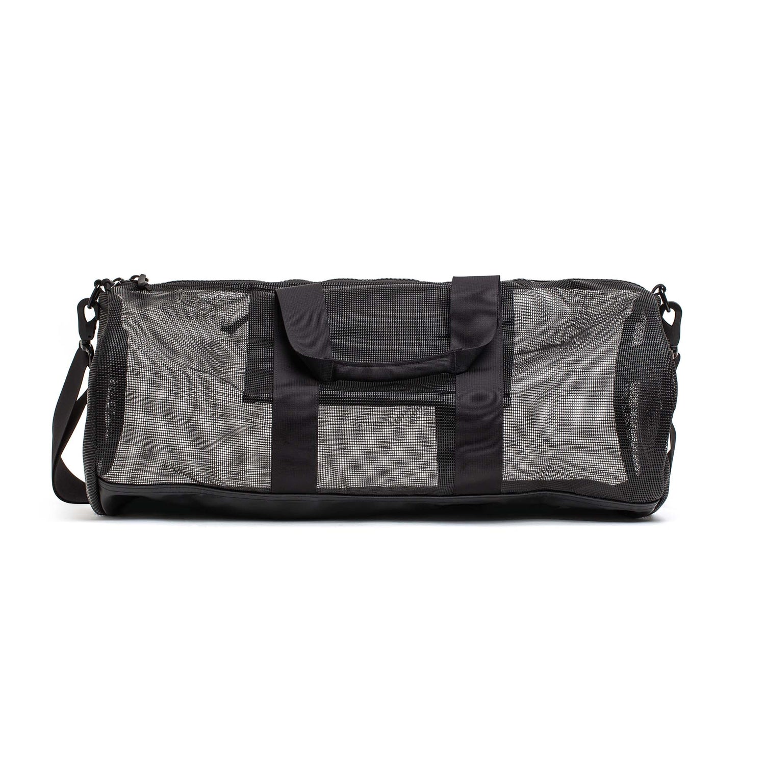 The Mesh Gym Bag, in black and gray mesh, features two handles and a detachable shoulder strap. Shown on a white background.