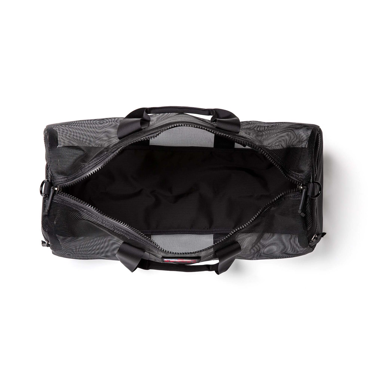 Top view of an open Mesh Gym Bag with a zipper, displaying the empty main compartment.