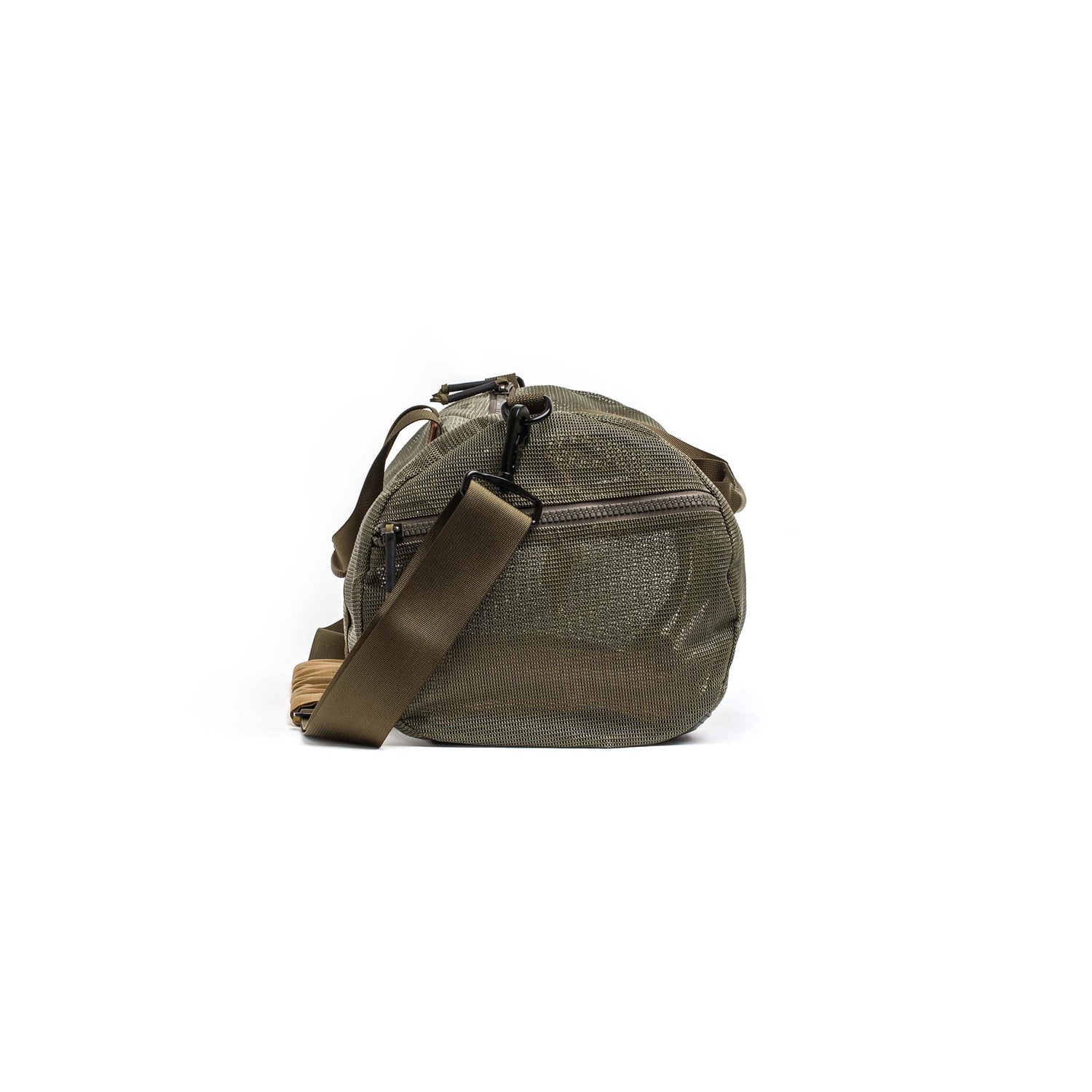Mesh Gym Bag in olive green with a wide brown strap, shown from a side angle on a white background—offering gym bag style for everyday use.