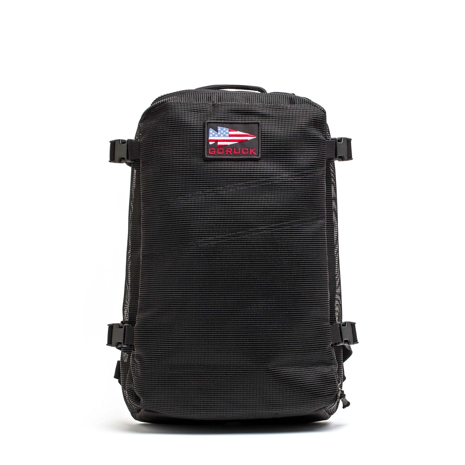 The Mesh Ruck is a black quick-drying backpack featuring an American flag patch and a