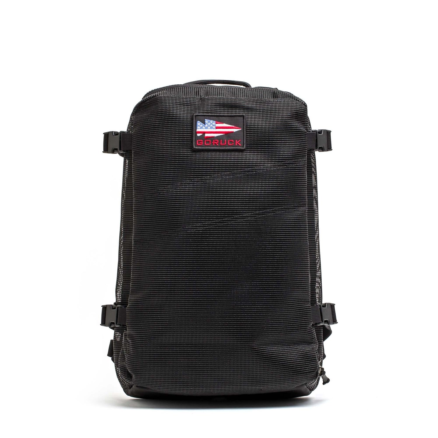 GORUCK black Mesh Ruck tactical backpack with American flag logo patch on white background