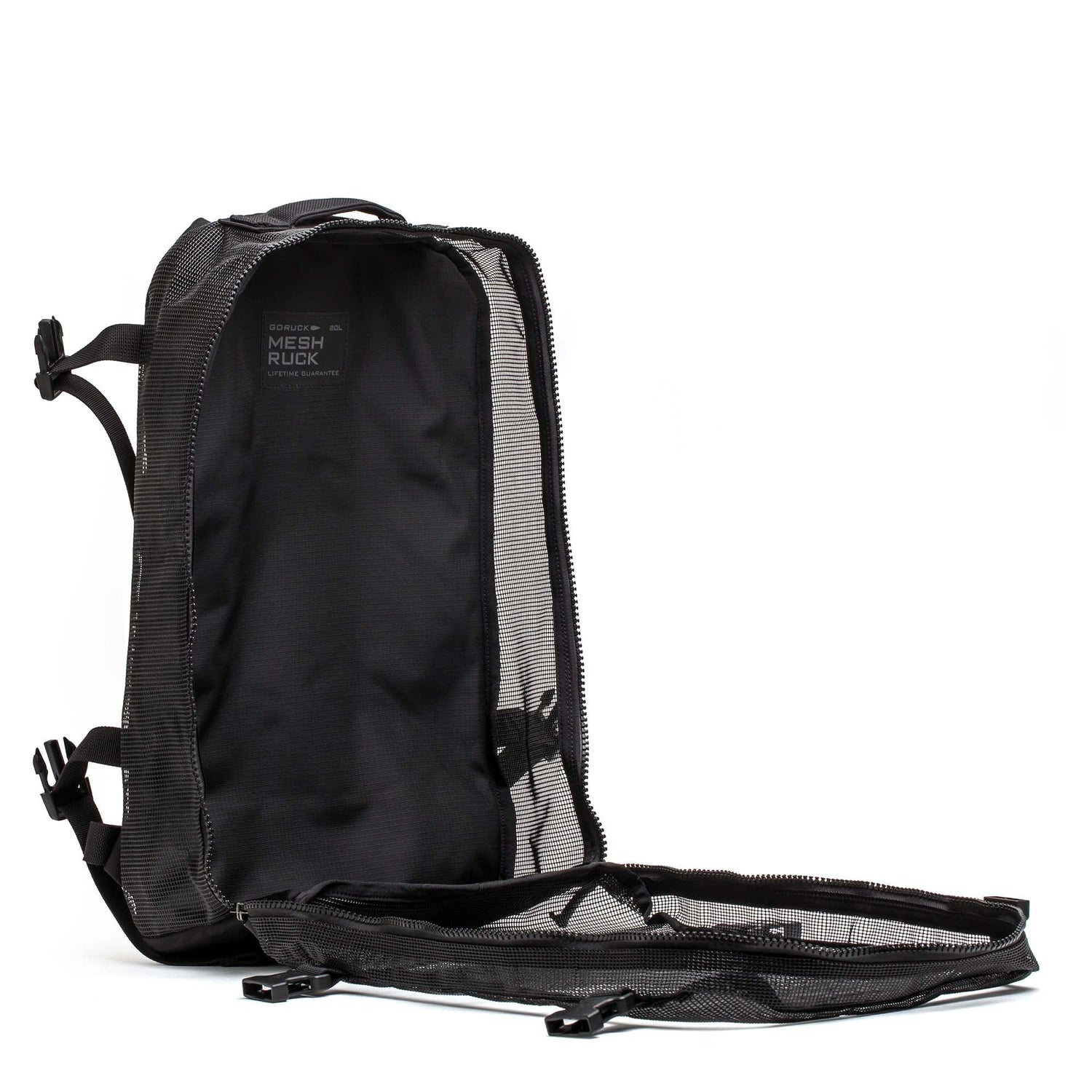 Black GORUCK Mesh Ruck backpack with mesh sides and open clamshell design showing interior