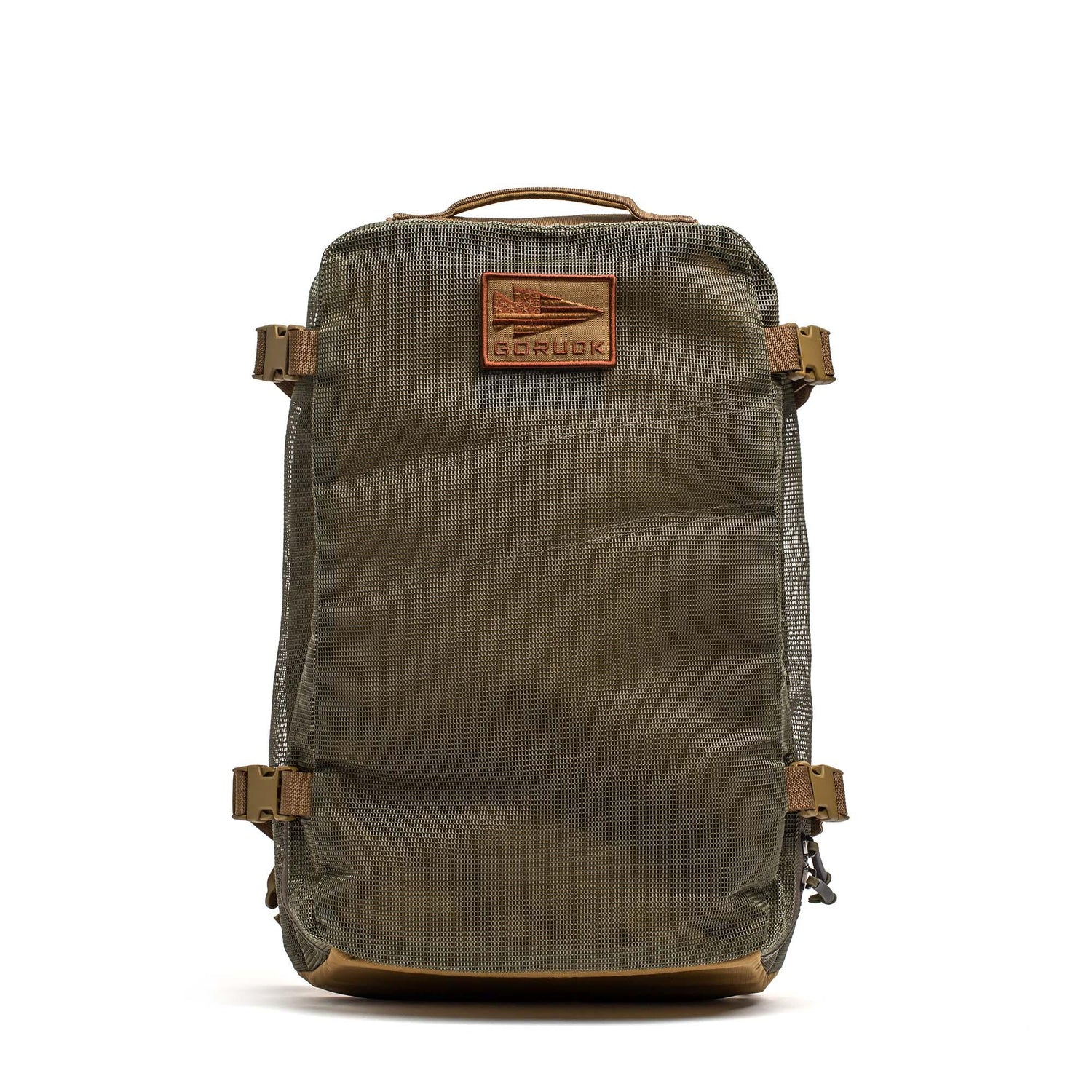 GORUCK sand and ranger green mesh rucksack with logo, durable tactical design