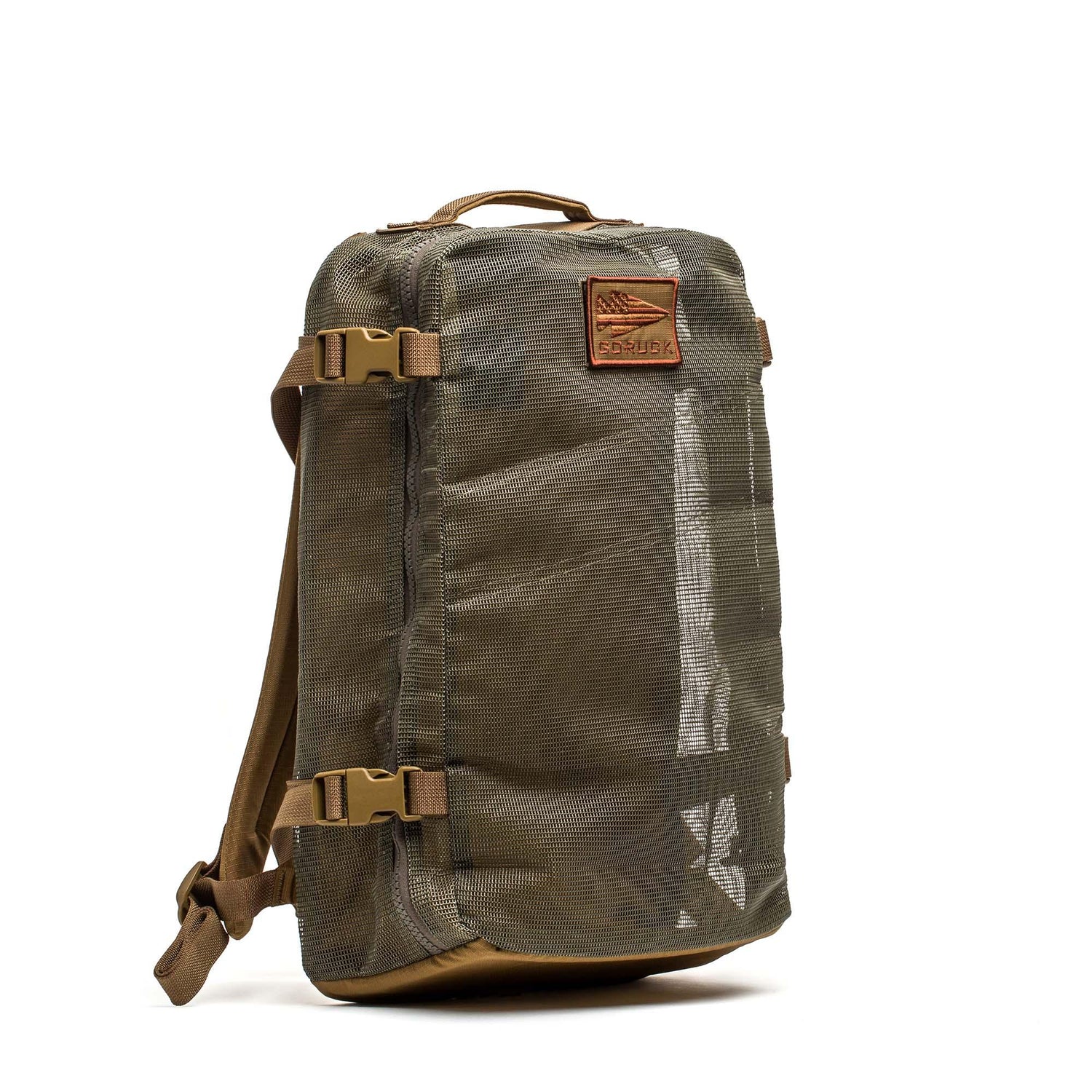 GORUCK sand ranger green mesh rucksack with top handle and tan buckles on white background