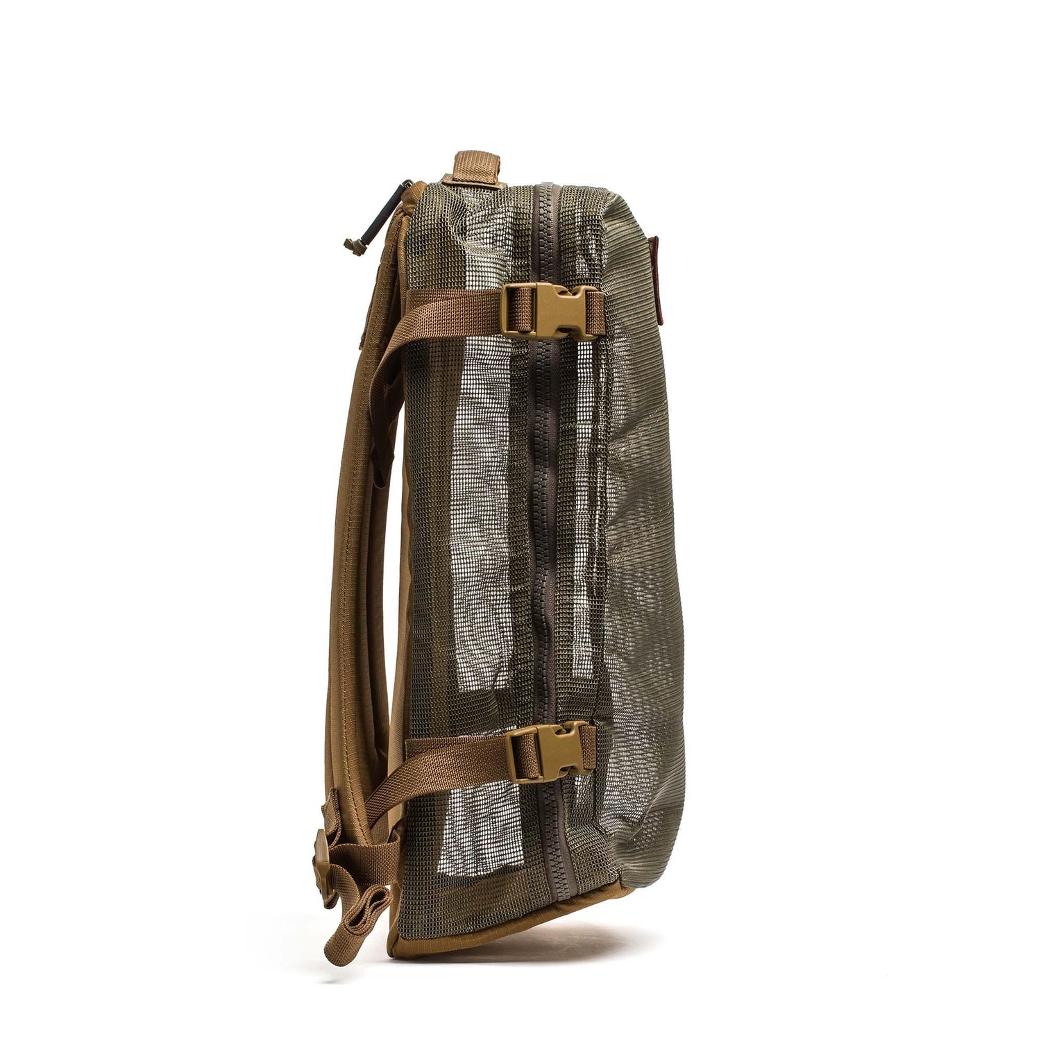 Side view of the Mesh Ruck—a green and brown quick-drying mesh backpack with two buckles and a zipper, ideal as a beach bag—shown on a white background.