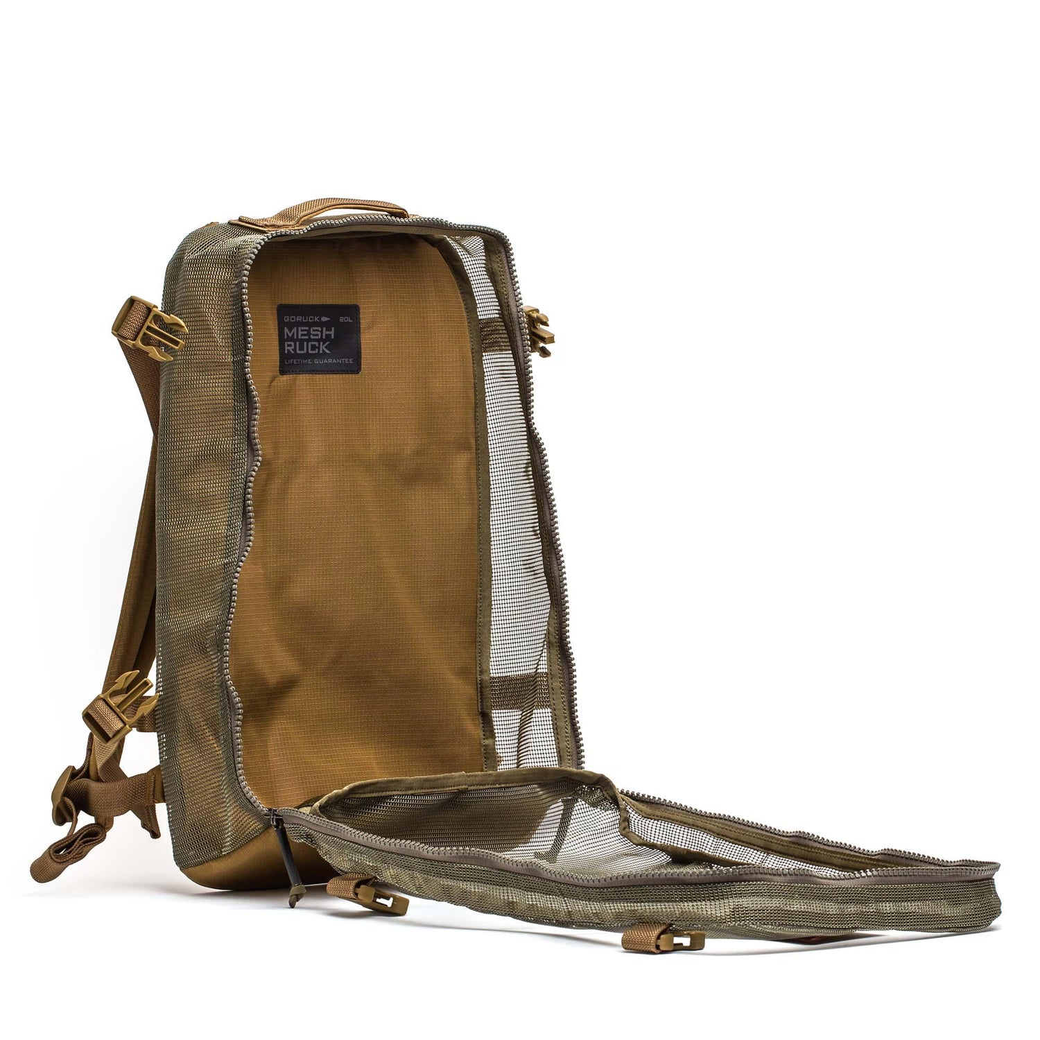 GORUCK mesh ruck backpack in sand and ranger green, shown open with durable mesh panel