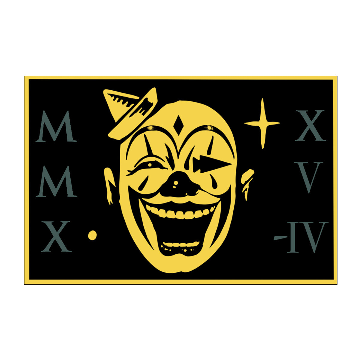 A stylized yellow clown face with Roman numerals MMX and XV-IV on a black background.