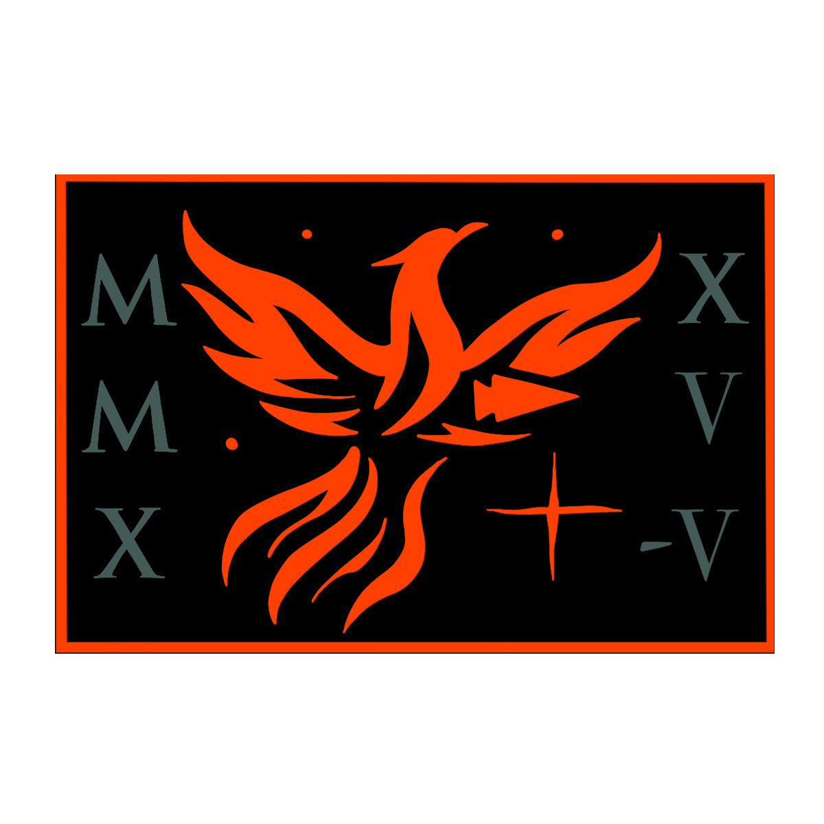 Orange phoenix with Roman numerals MMXV on black background.
