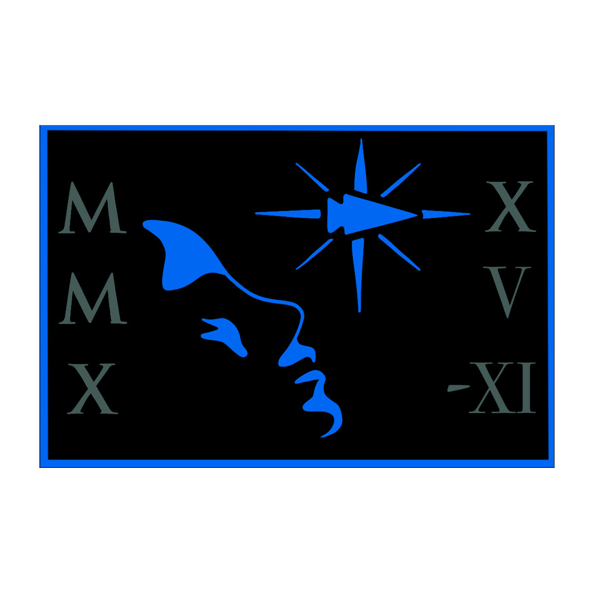 Abstract blue face, compass, and Roman numerals MMX, XV, V, XI on a black background with blue border.