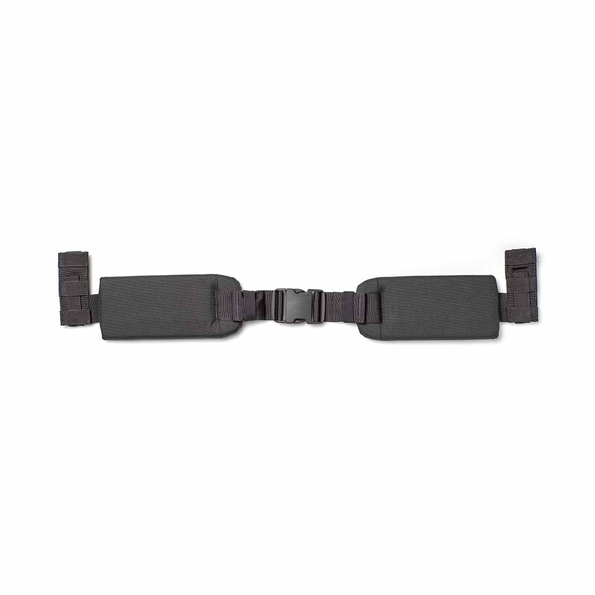 The Padded Hip Belt is black with side straps, a plastic buckle, and MOLLE webbing, shown laid flat on a white background.