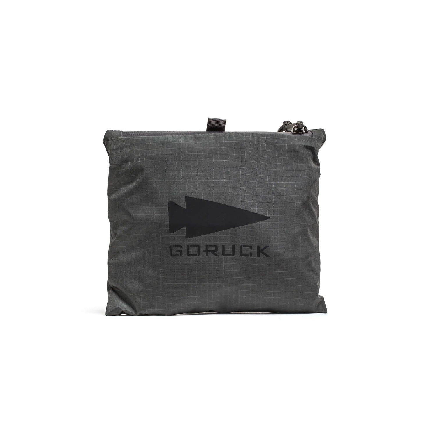 The Packable Bullet Ruck - Ripstop ROBIC® is a gray zippered pouch with a black arrowhead logo and