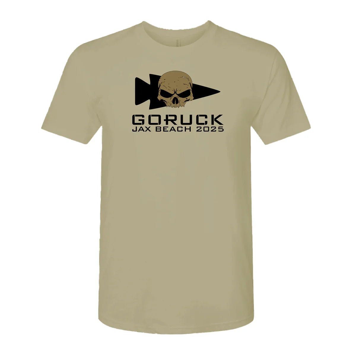 GORUCK Jax Beach 2025 tan t-shirt with skull and arrowhead logo, rucking apparel