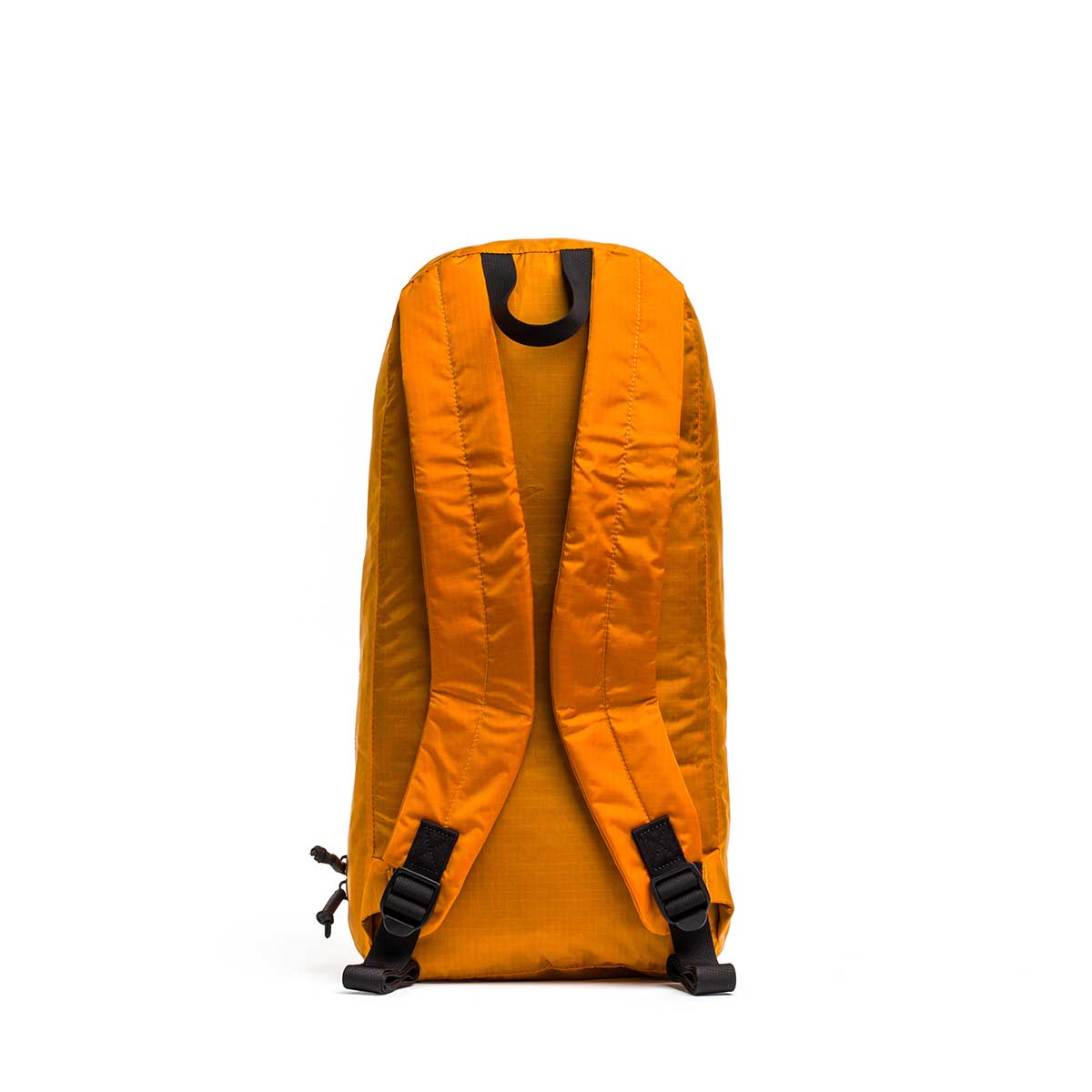 Packable Bullet Ruck - Ripstop ROBIC® in orange, shown from the back, highlights its shoulder straps and black buckles against a white background.