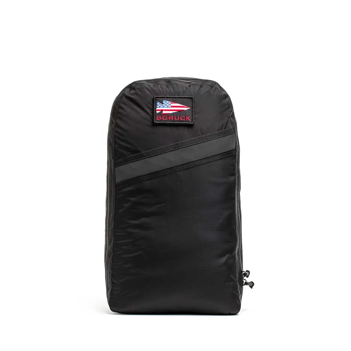 Black GORUCK packable 15L rucksack with American flag arrow patch on front