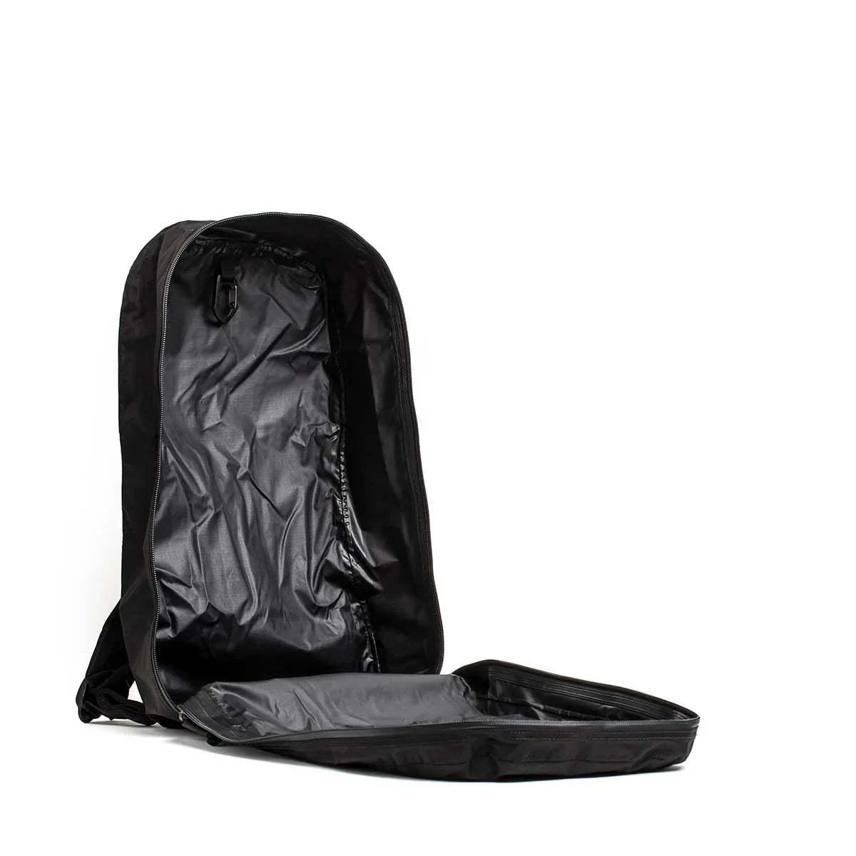 Open black packable 15L GORUCK backpack with spacious interior and durable fabric on white background