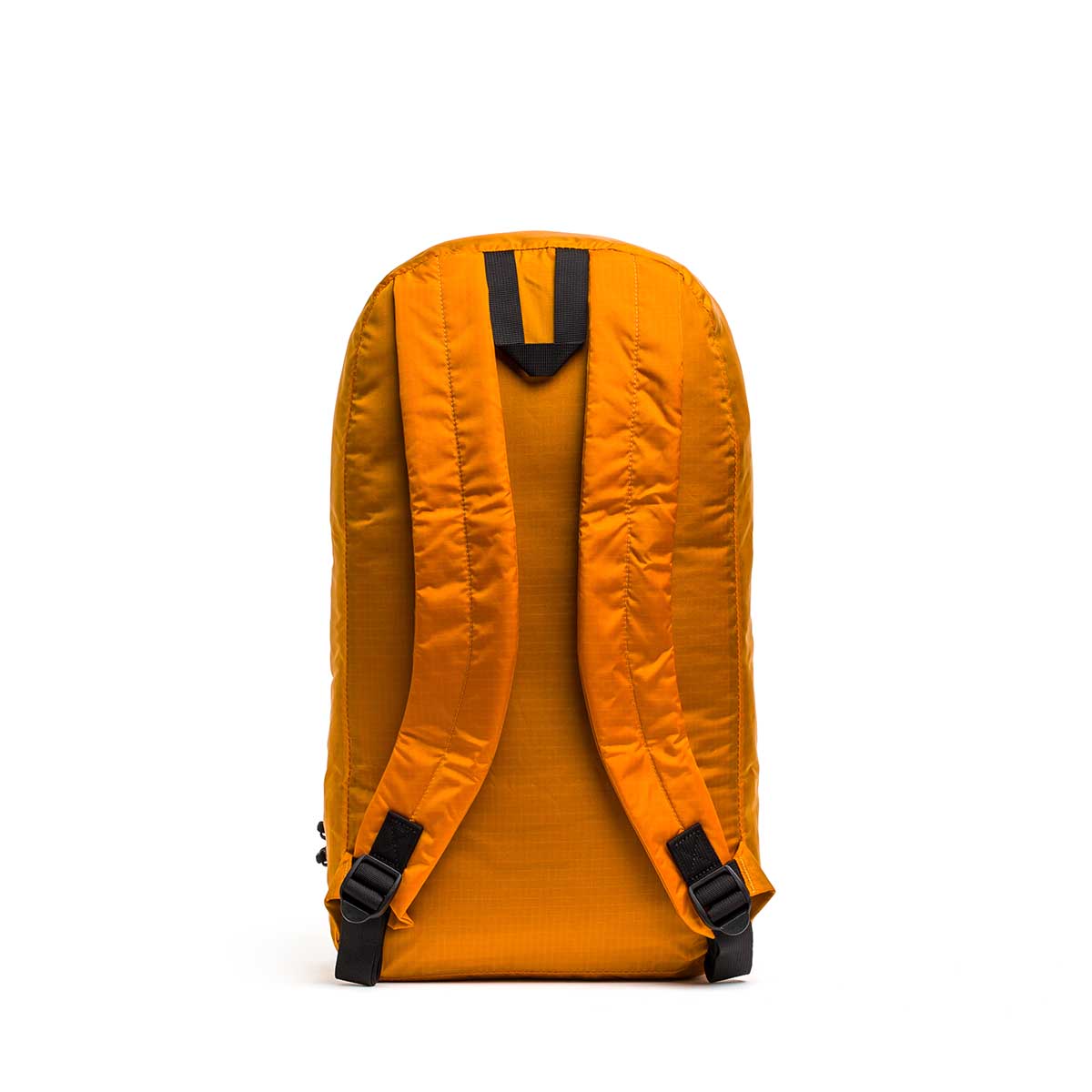 The Packable Bullet Ruck - Ripstop ROBIC® is an orange lightweight travel backpack with black buckle straps, displayed from the back on a white background.