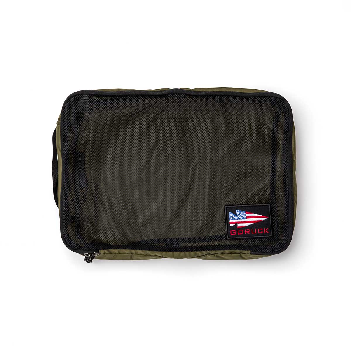 The Packing Cubes feature durable green 200D nylon, a mesh top, and a patch with the American flag and “GORUCK”—ideal for travel organization.