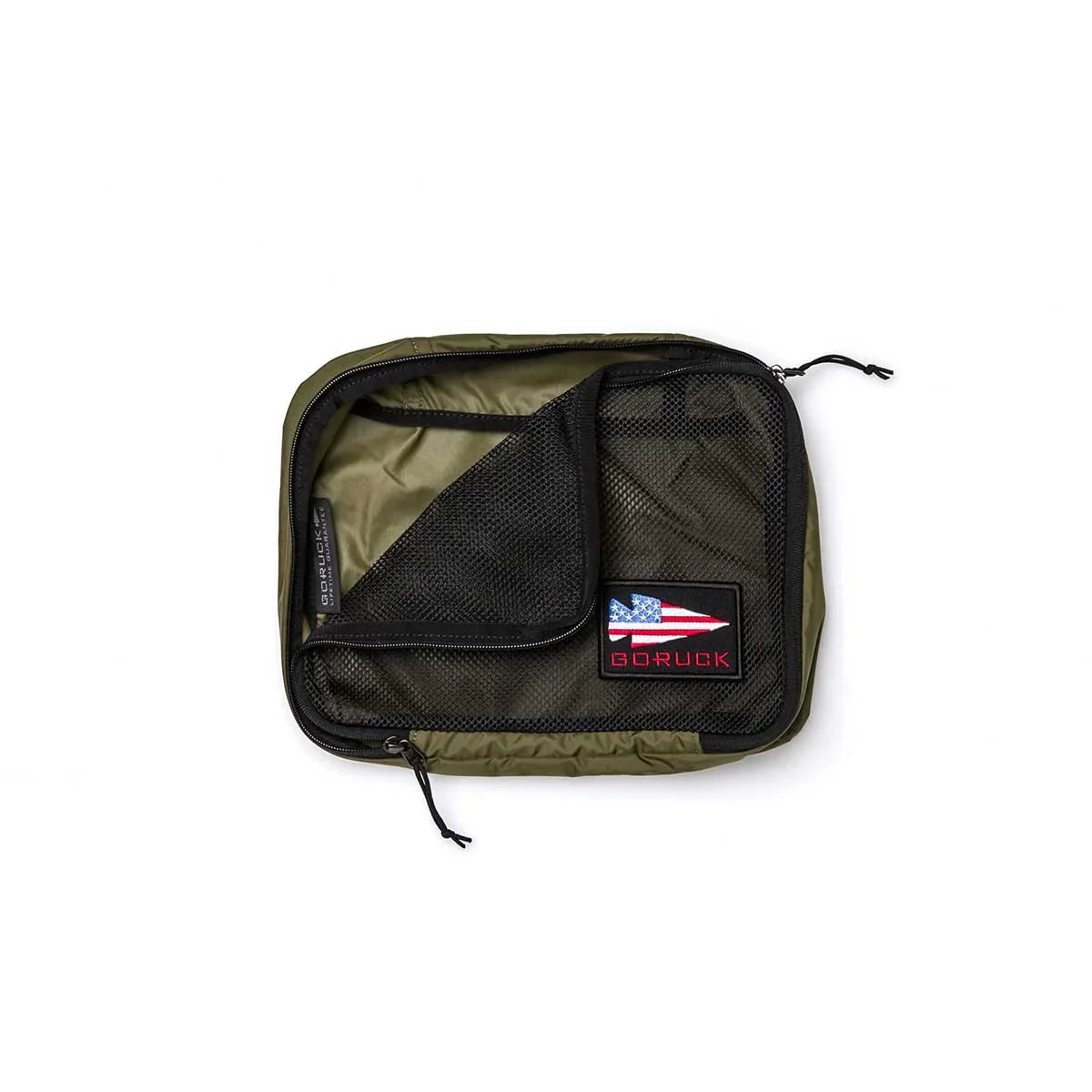 GORUCK Ranger Green 5L packing cube with mesh pocket and American flag patch