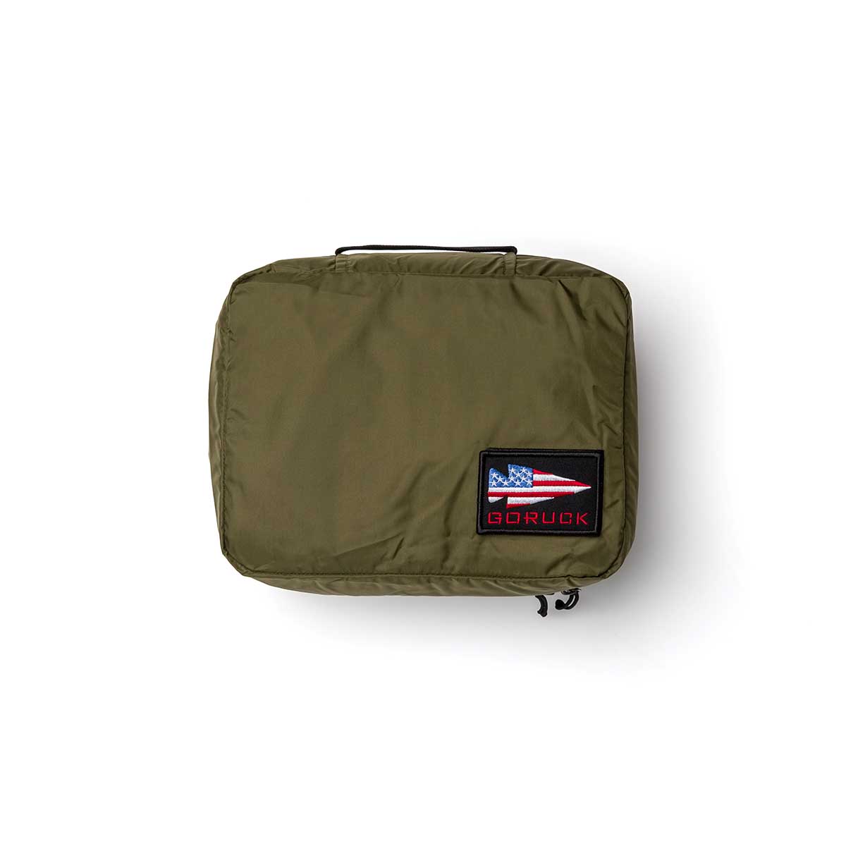 The Packing Cubes in olive green feature a handle and an American flag patch with